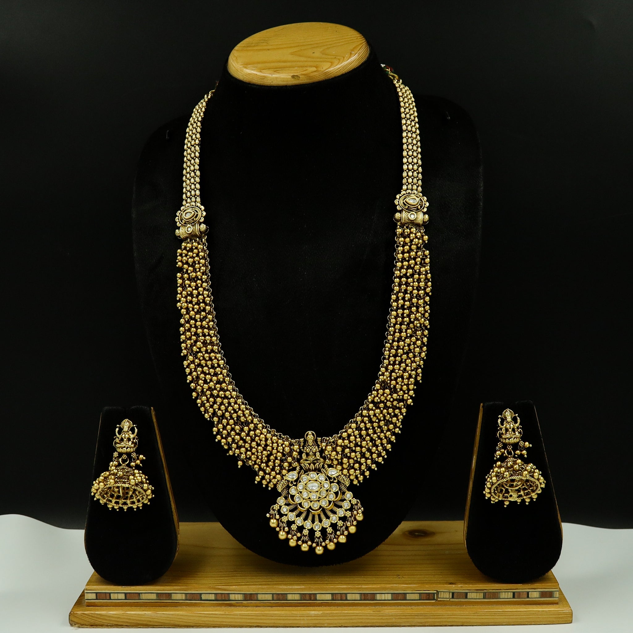 Antique Gold Plated Long Neck Temple Necklace Set 9978-28