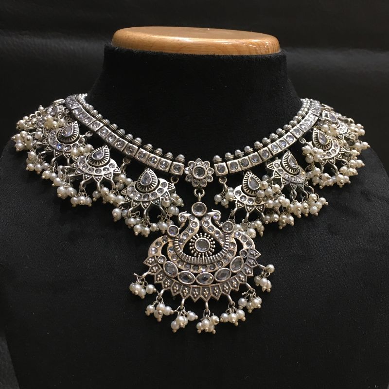 White Silver Oxidized Necklace Set with matching danglers - Dazzles Jewellery