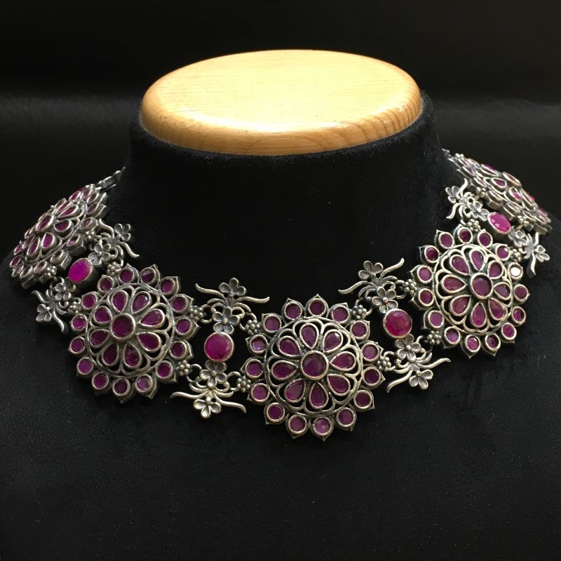 Ruby Oxidized Necklace Set With Matching Tops - Dazzles Jewellery
