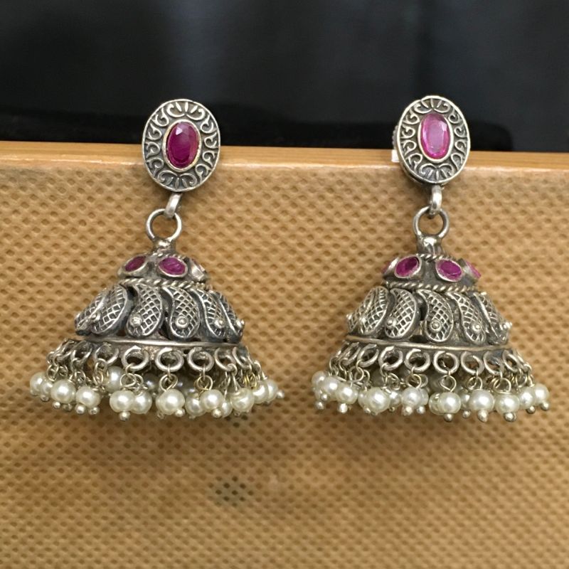 Ruby Silver Oxidized Pendant Set with Jhumki 14622-1743 - Dazzles Jewellery