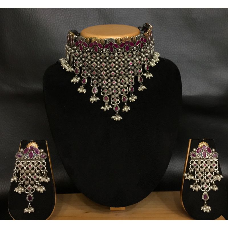 Ruby Silver Oxidized Choker Set - Dazzles Jewellery