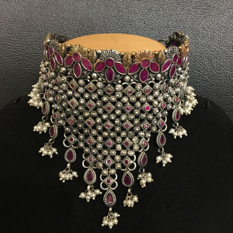 Ruby Silver Oxidized Choker Set - Dazzles Jewellery