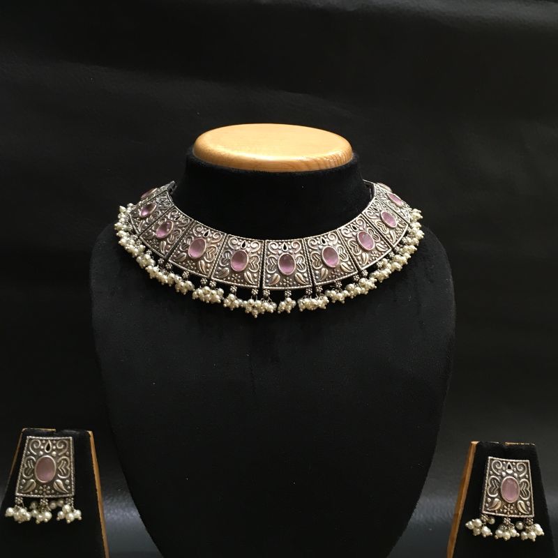 Pink Oxidized Necklace Set with matching Tops - Dazzles Jewellery