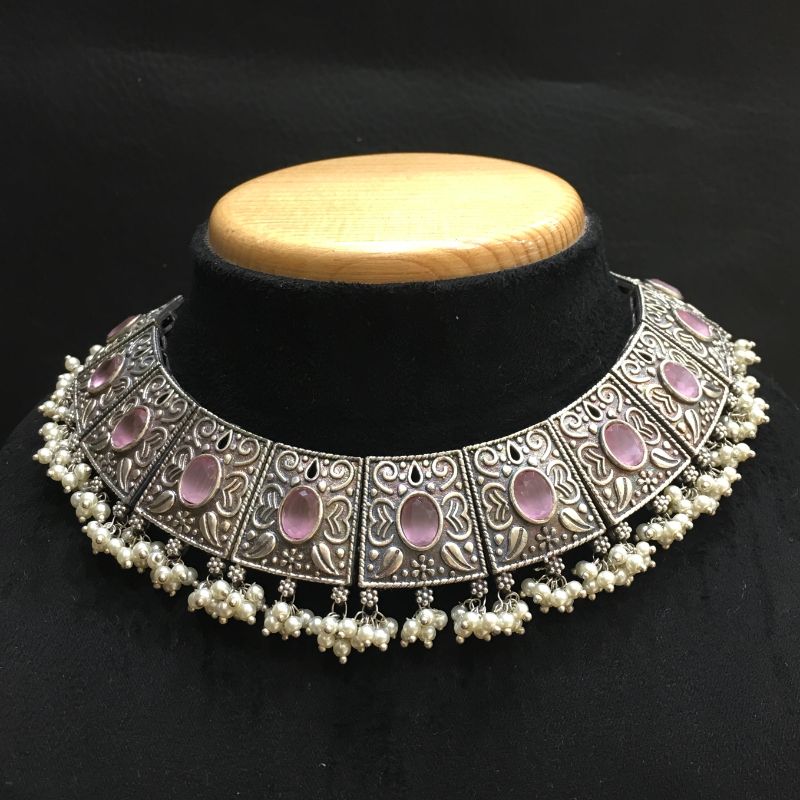 Pink Oxidized Necklace Set with matching Tops - Dazzles Jewellery