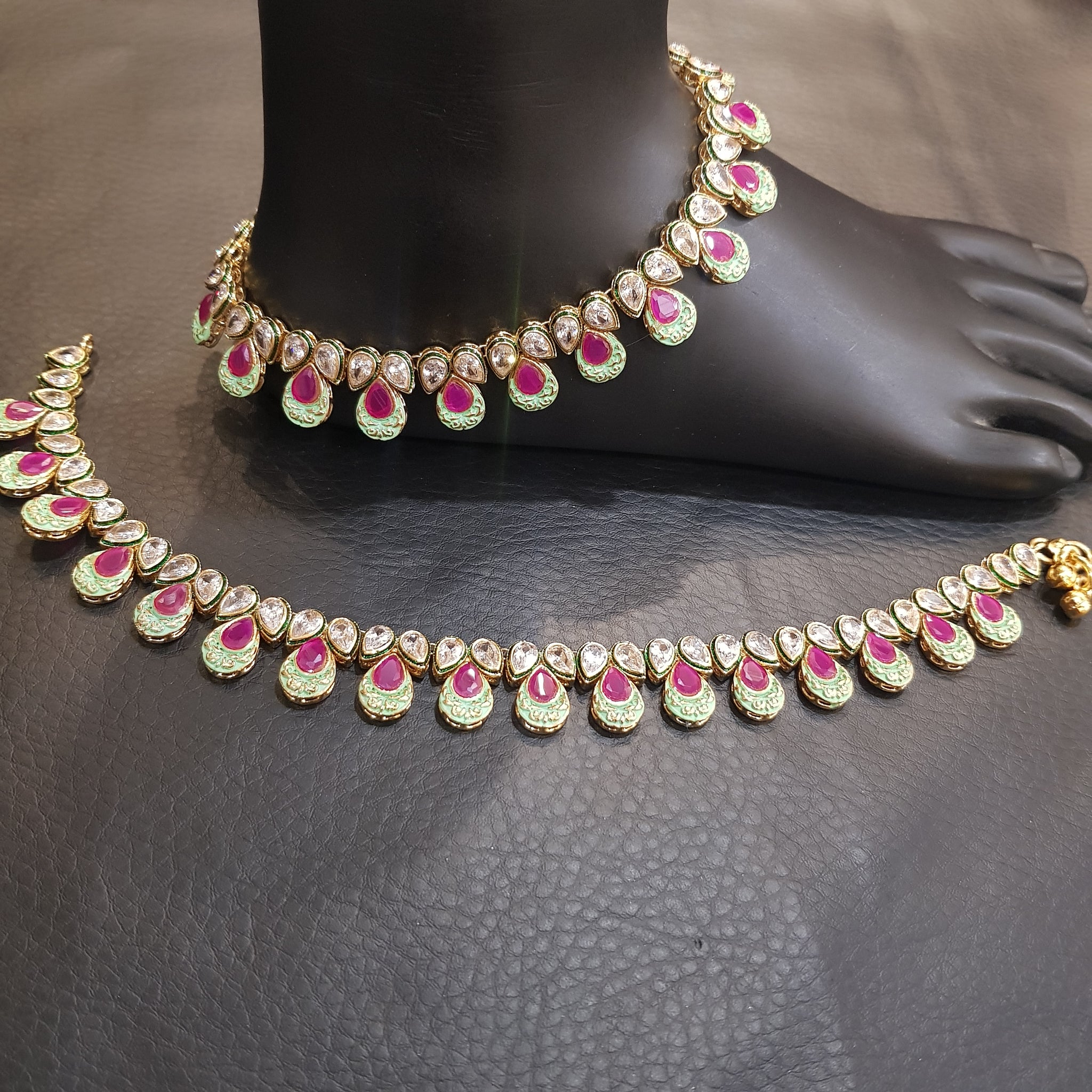 Ruby Mint Green Polki Payal - Dazzles Jewellery