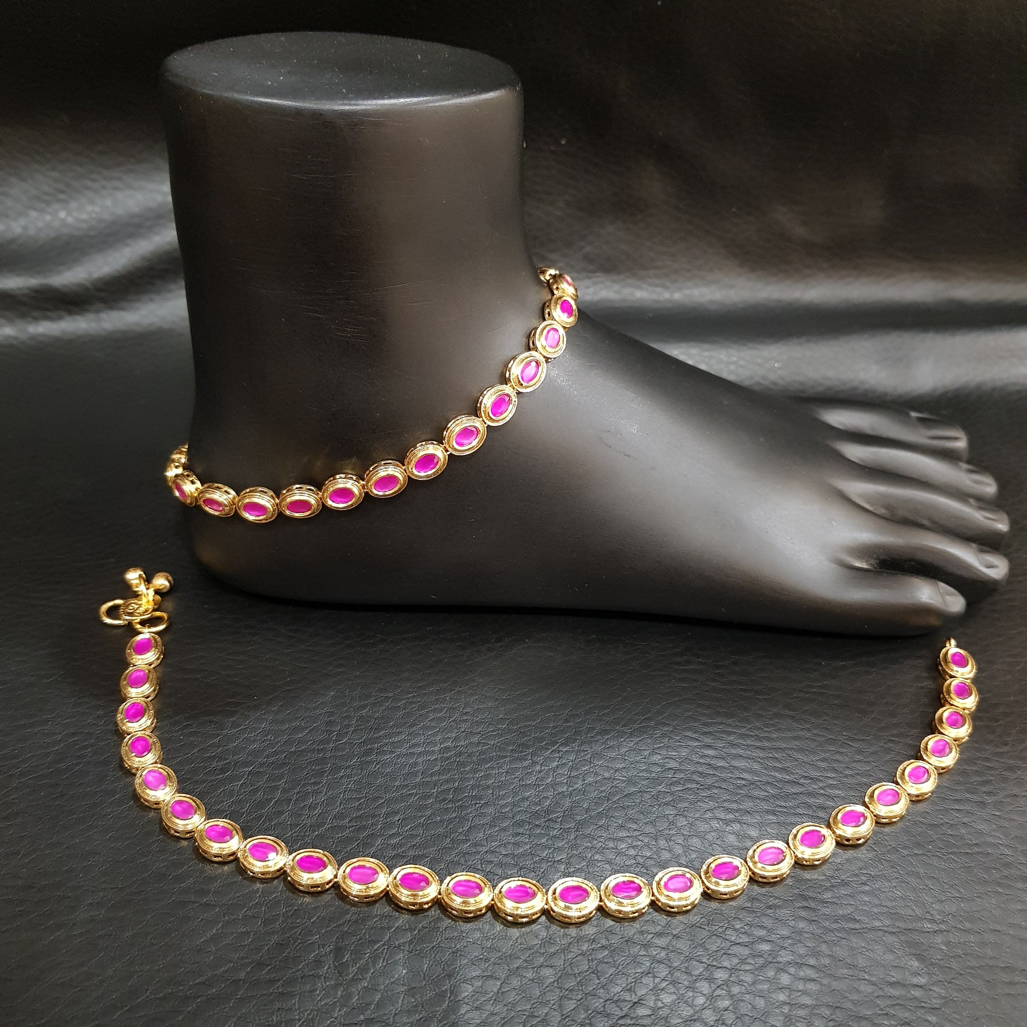 Ruby Color Single Line Kundan Payal - Dazzles Jewellery