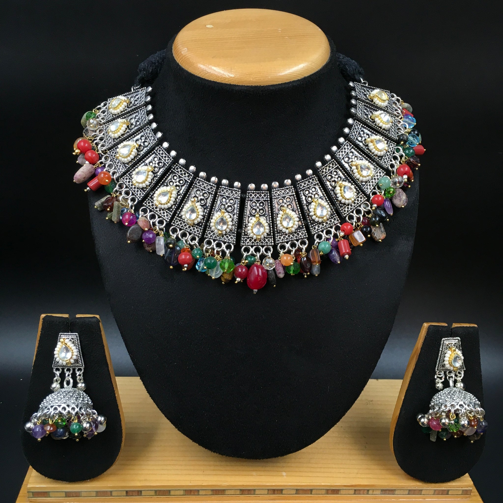 Round Neck Oxidized Necklace Set 3536 - Dazzles Jewellery