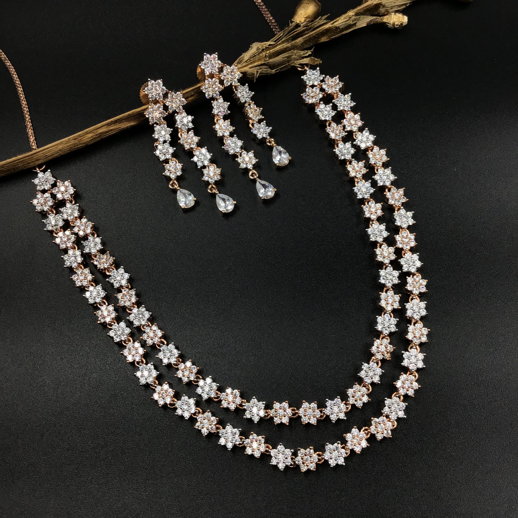 Rose Gold Zircon/AD Necklace Set 7611-1195 - Dazzles Jewellery