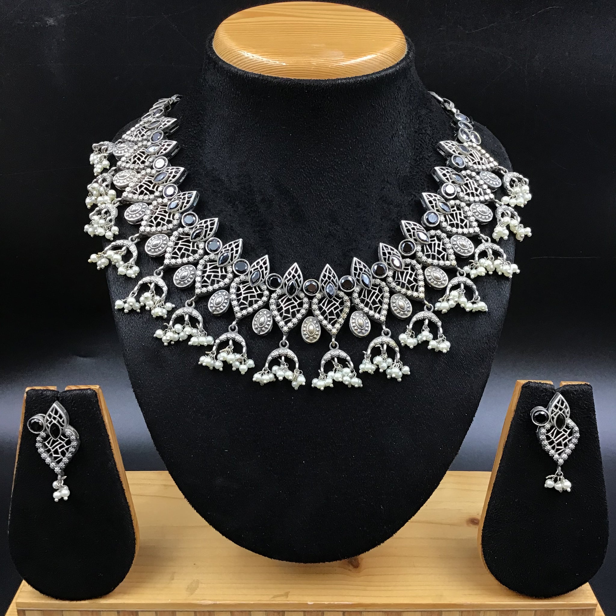 Black Oxidized Necklace Set with Matching Earrings - Dazzles Jewellery