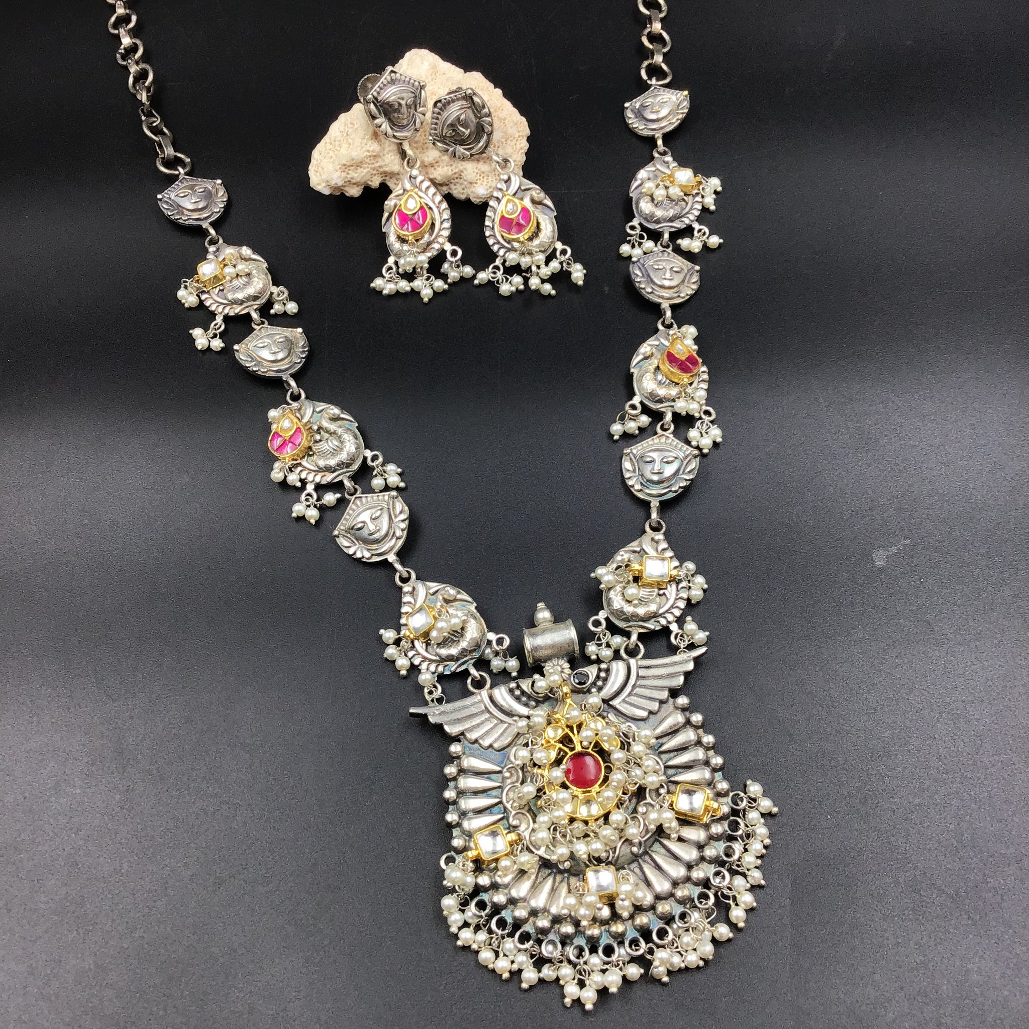 Long Neck Oxidized Necklace Set 4720-59 - Dazzles Jewellery