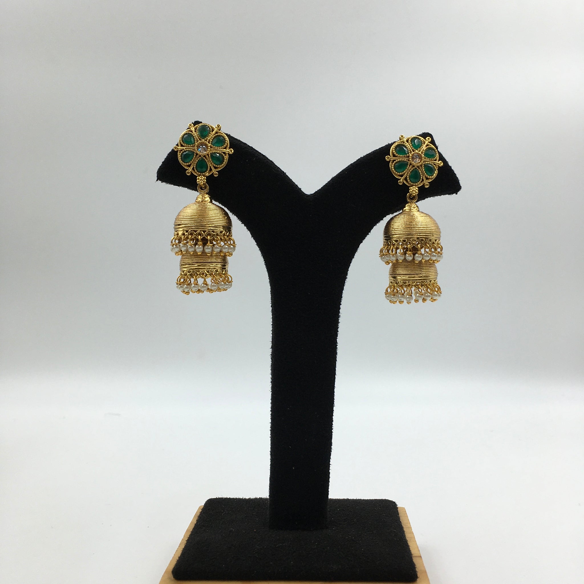 Classy 2 Layer Gold Plated Jhumki in Green Color and Pearls 2830-6895