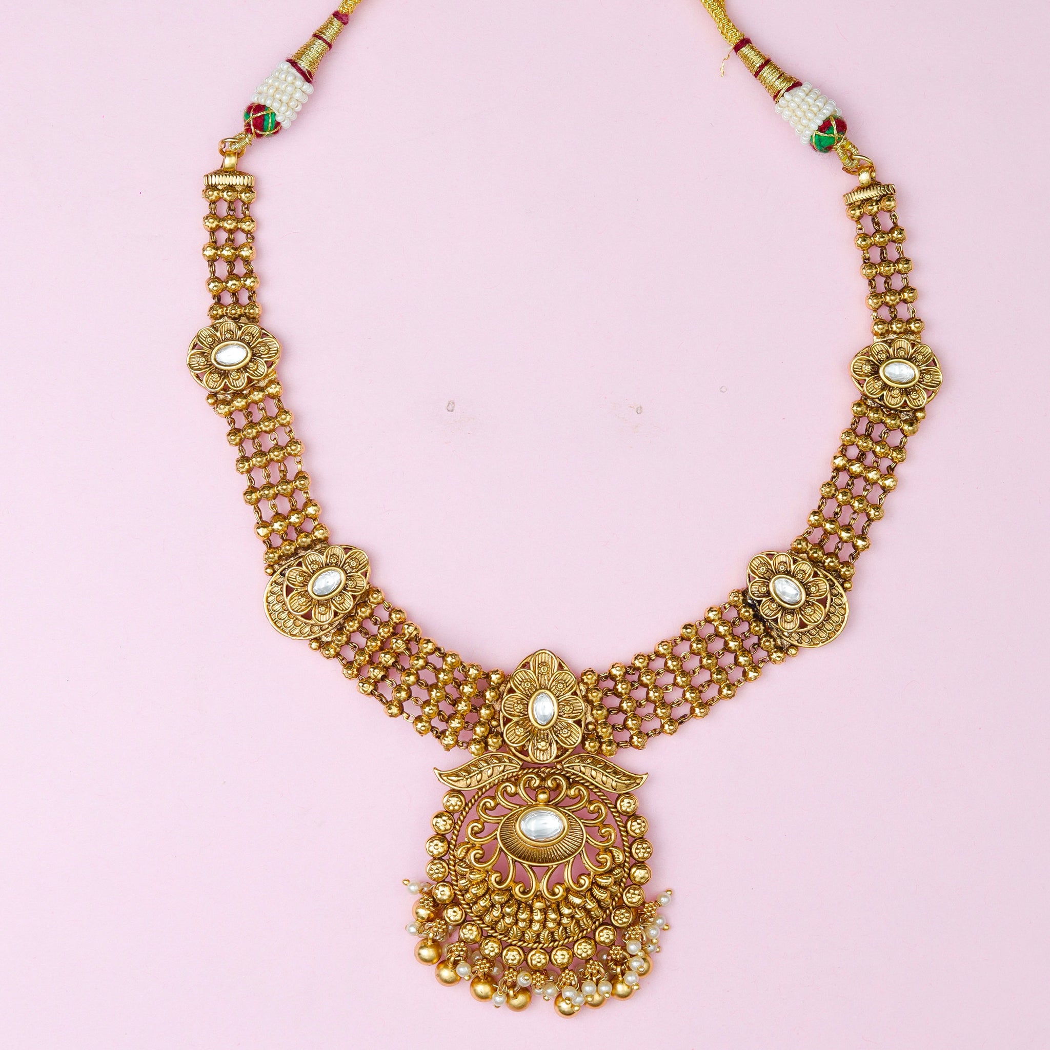 Antique Gold Plated Round Neck Necklace Set 10053-28