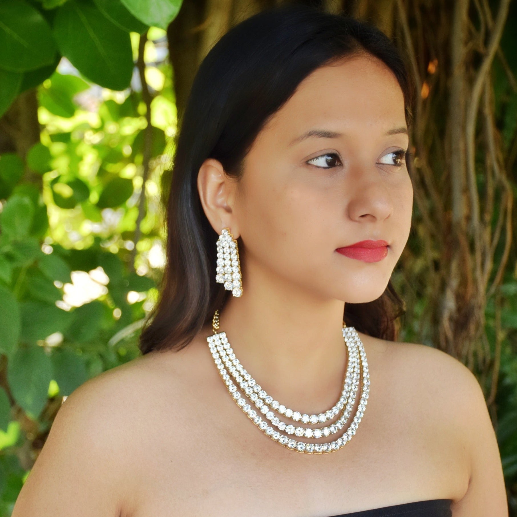 Three Line Round Neck Zircon/AD Necklace 3166-08 - Dazzles Jewellery