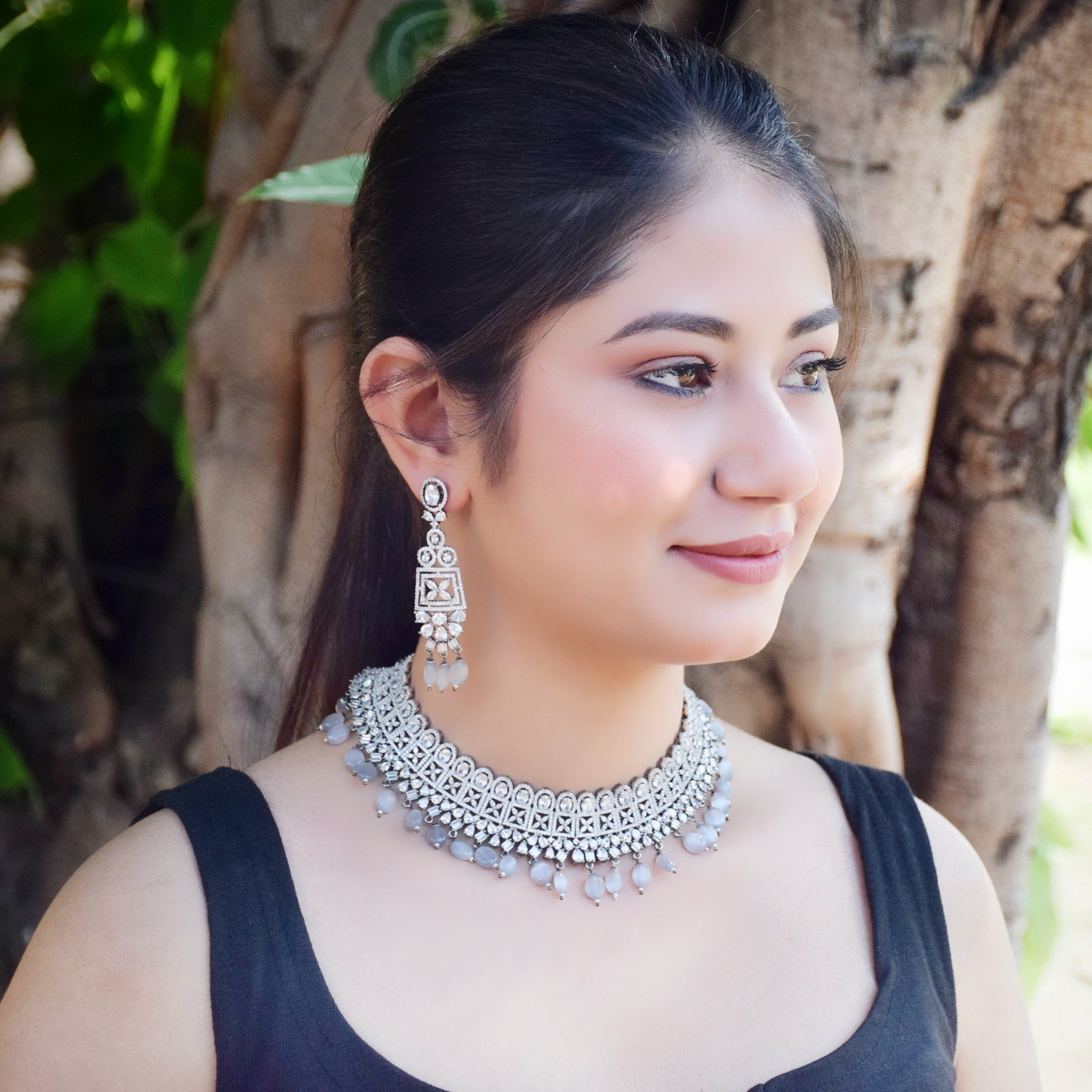 Gray Zircon/AD Necklace Set 11567-7679 - Dazzles Jewellery