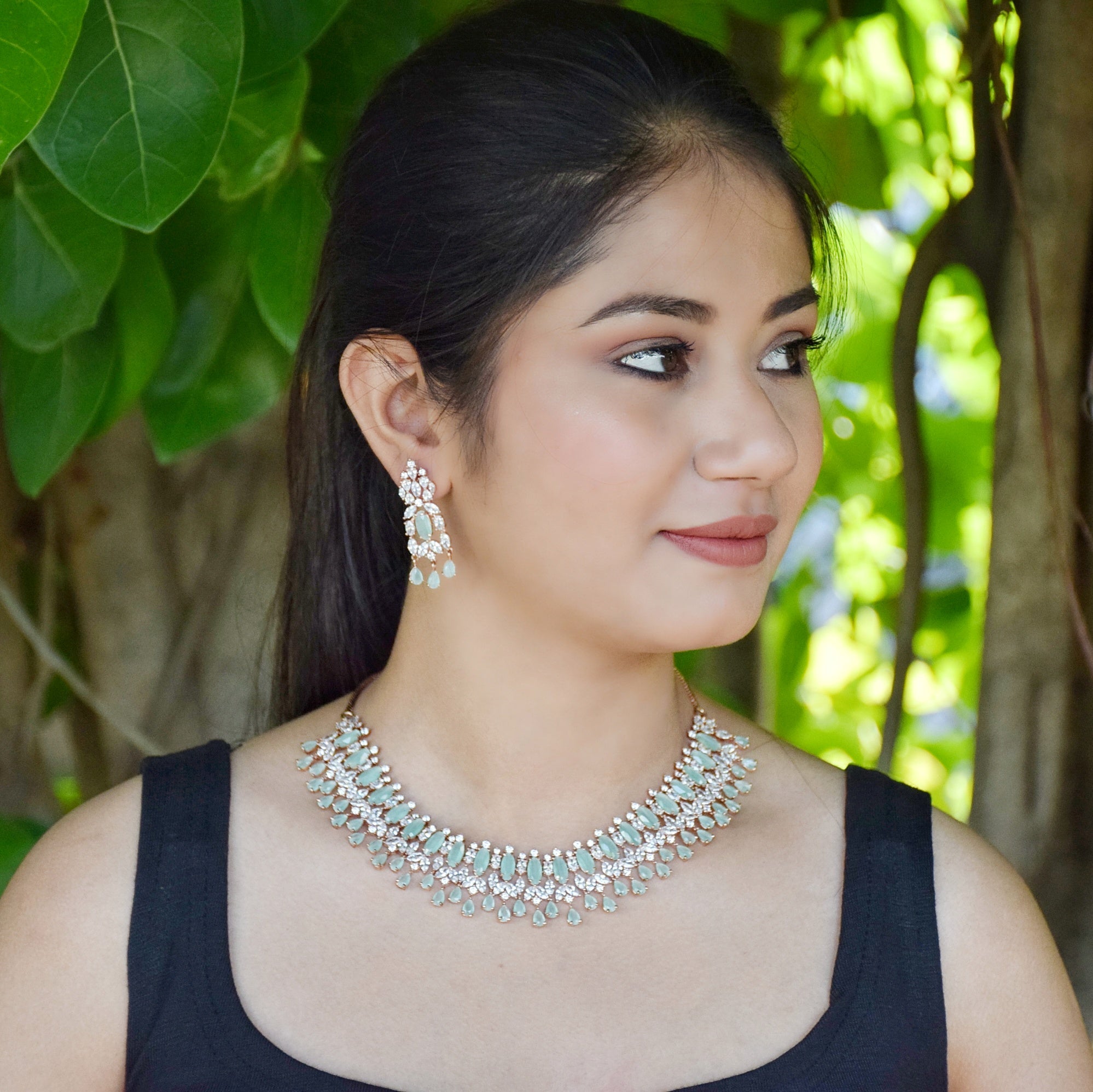 Mint Green Zircon/AD Necklace Set  19486-6673 - Dazzles Jewellery