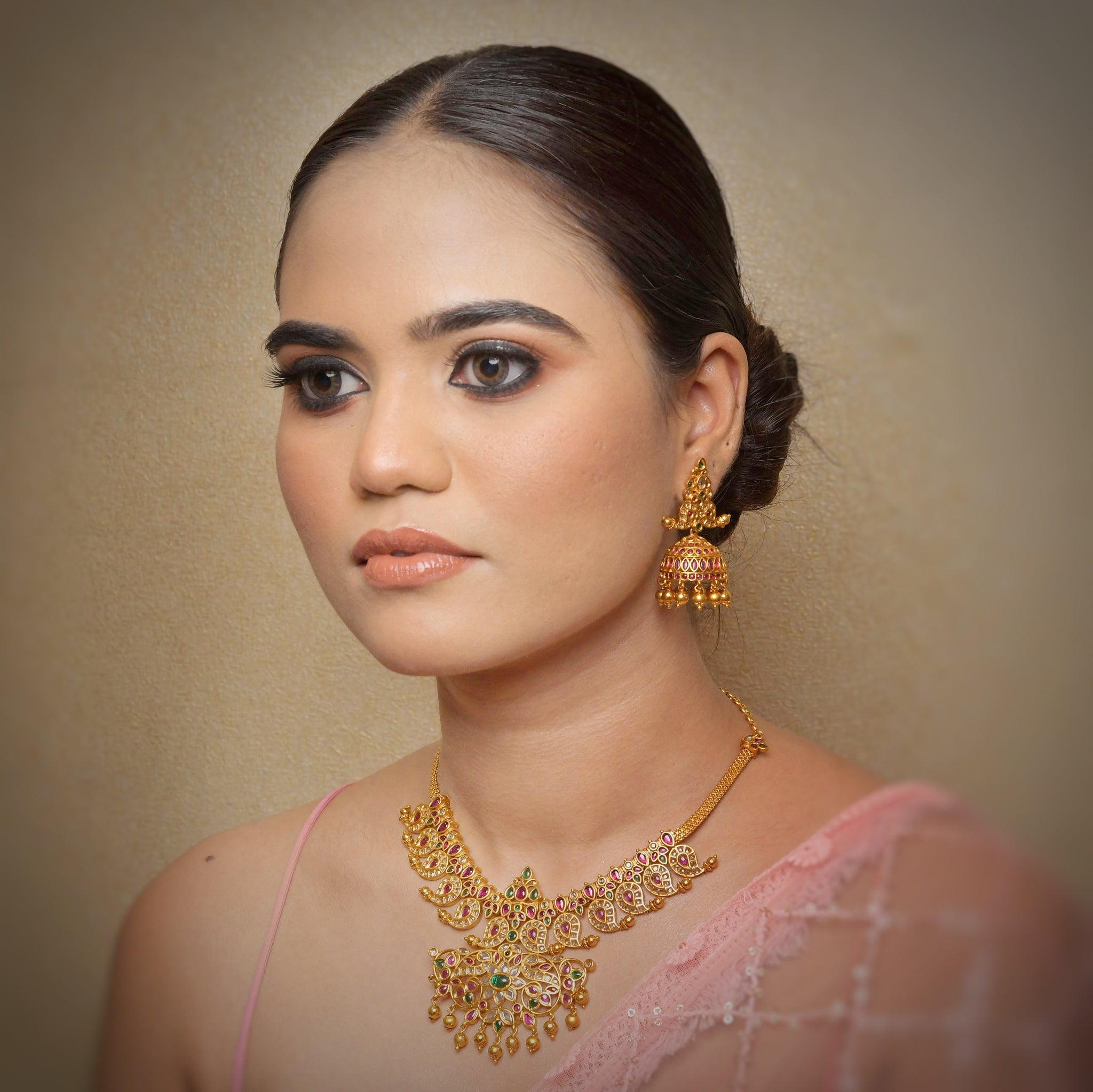 Ruby Green Gold Look Necklace Set 16697-3844 - Dazzles Jewellery