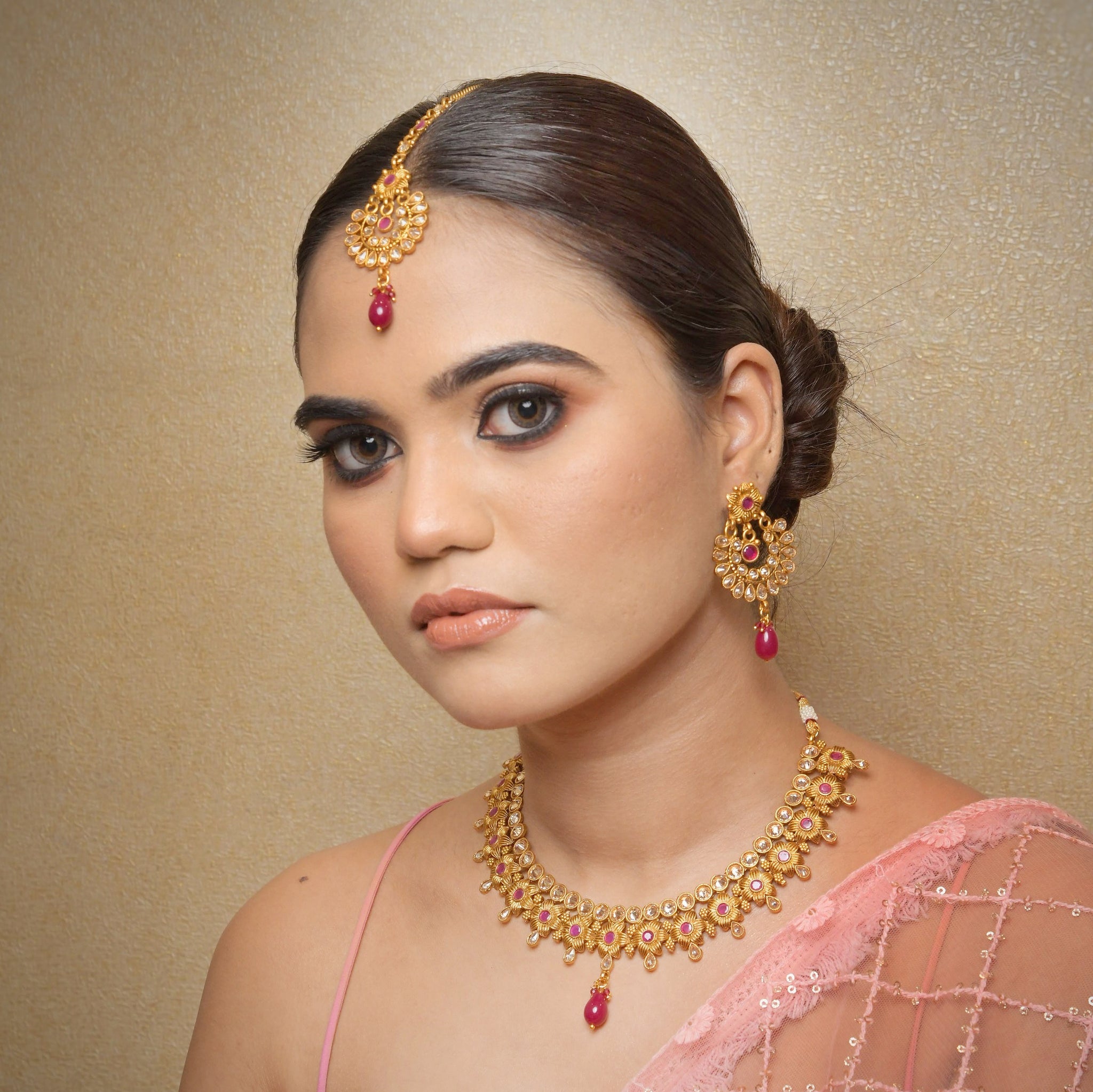 Ruby Gold Look Necklace Set 19687-6871 - Dazzles Jewellery