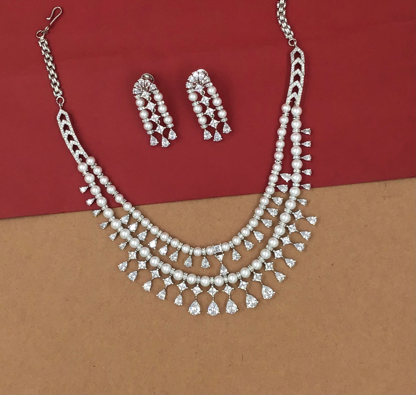 Round Neck Double Line Layered Zircon/AD Necklace Set 16561-69