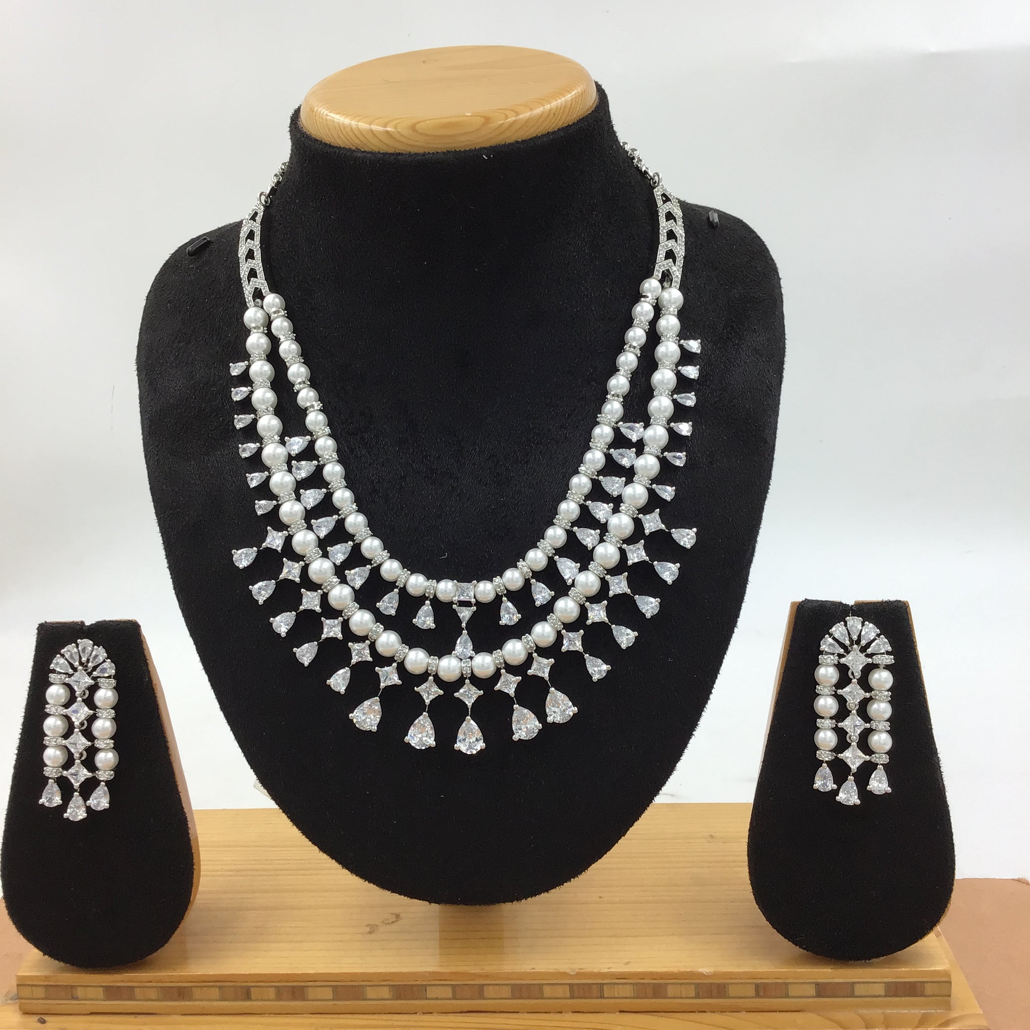 Round Neck Double Line Layered Zircon/AD Necklace Set 16561-69