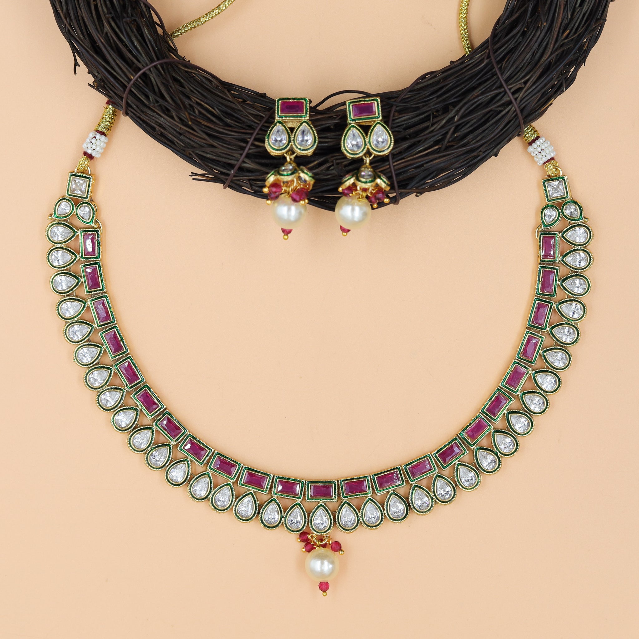 Round Neck Polki Necklace Set 10987-21