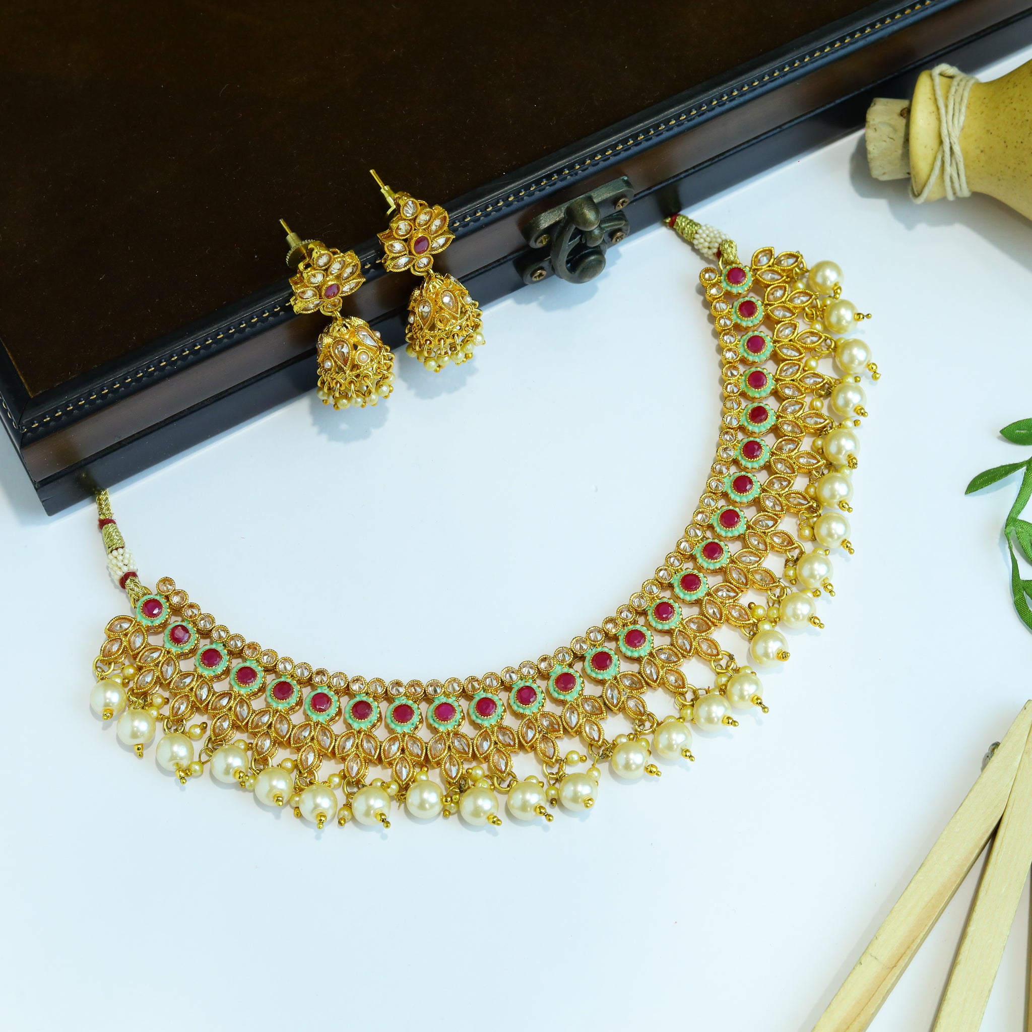 Mint Green Ruby Gold Look Necklace Set 3659-35927