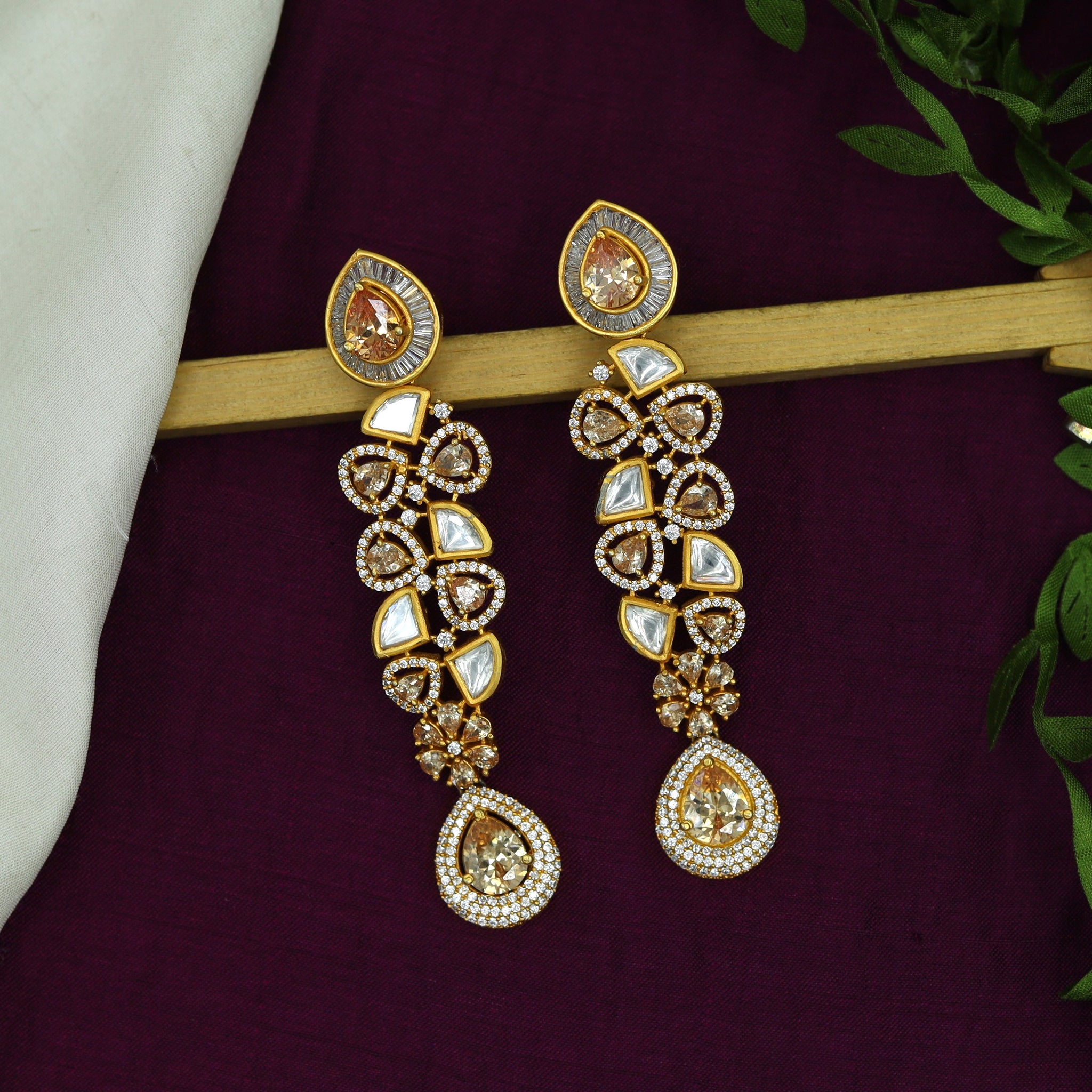 Champagne Color Zircon/AD Long Earring 1358-5423