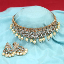 Designer American Diamond Choker Set In Rosegold Finish With Pearl Latkan