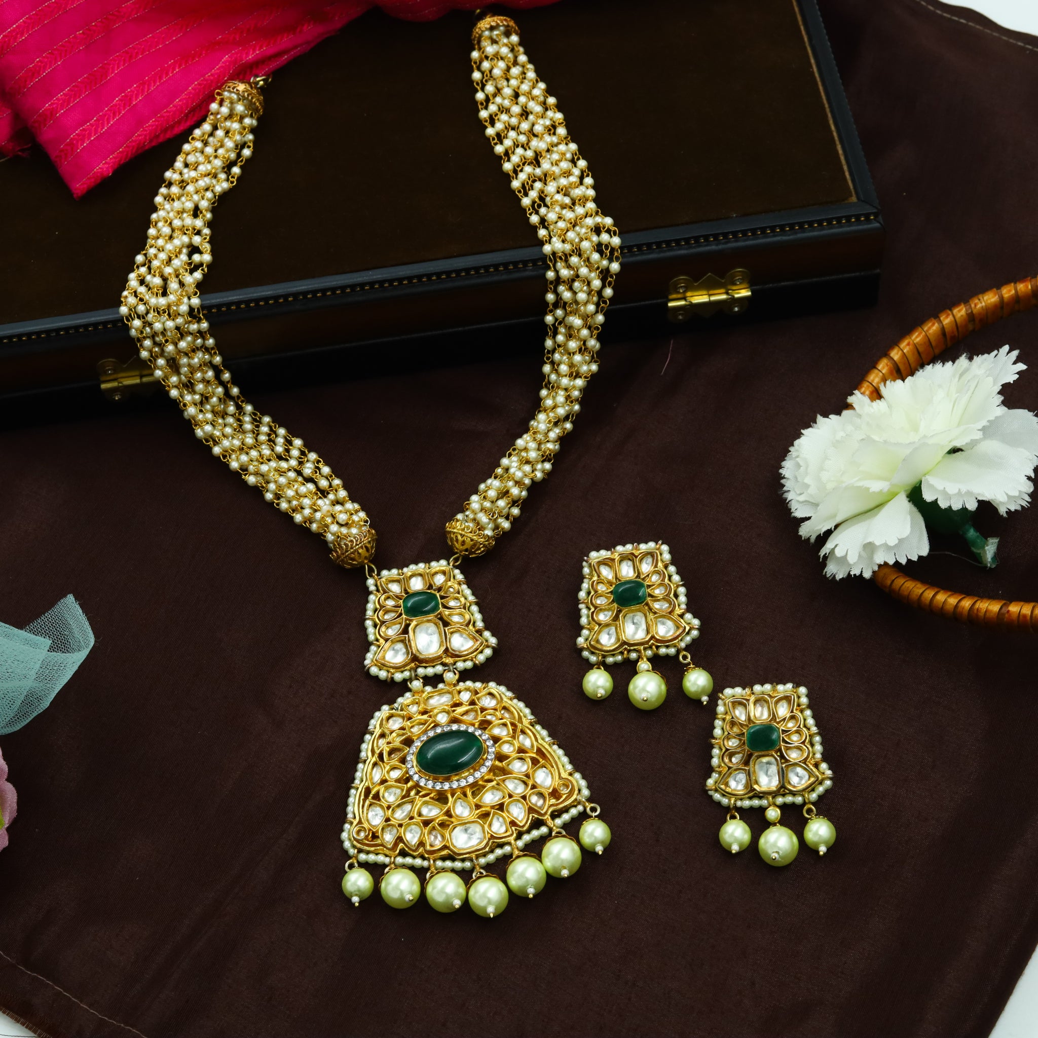 Polki Kundan Green Pendant Set with Pearls 5415-9480