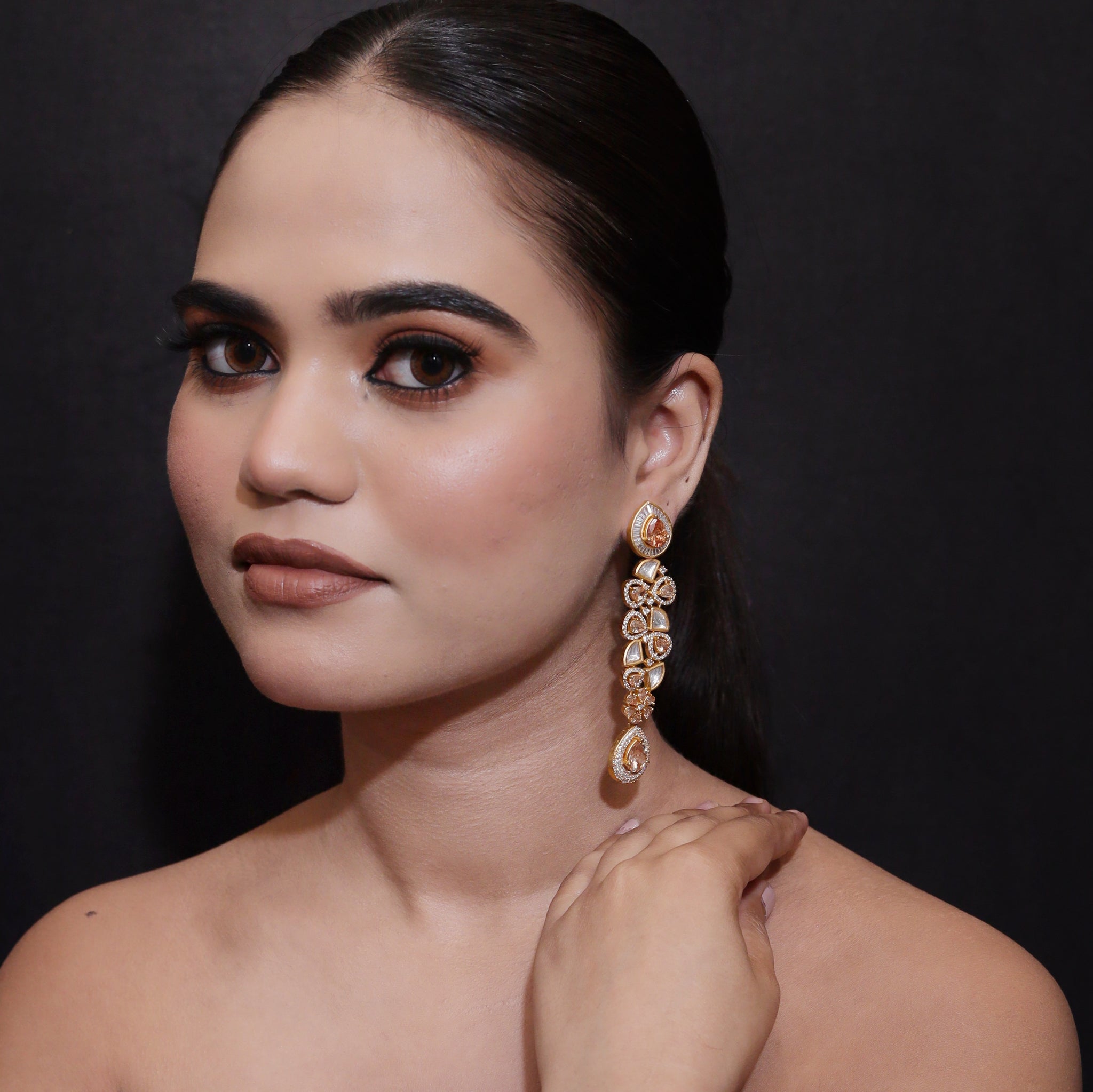 Champagne Color Zircon/AD Long Earring 1358-5423 - Dazzles Jewellery