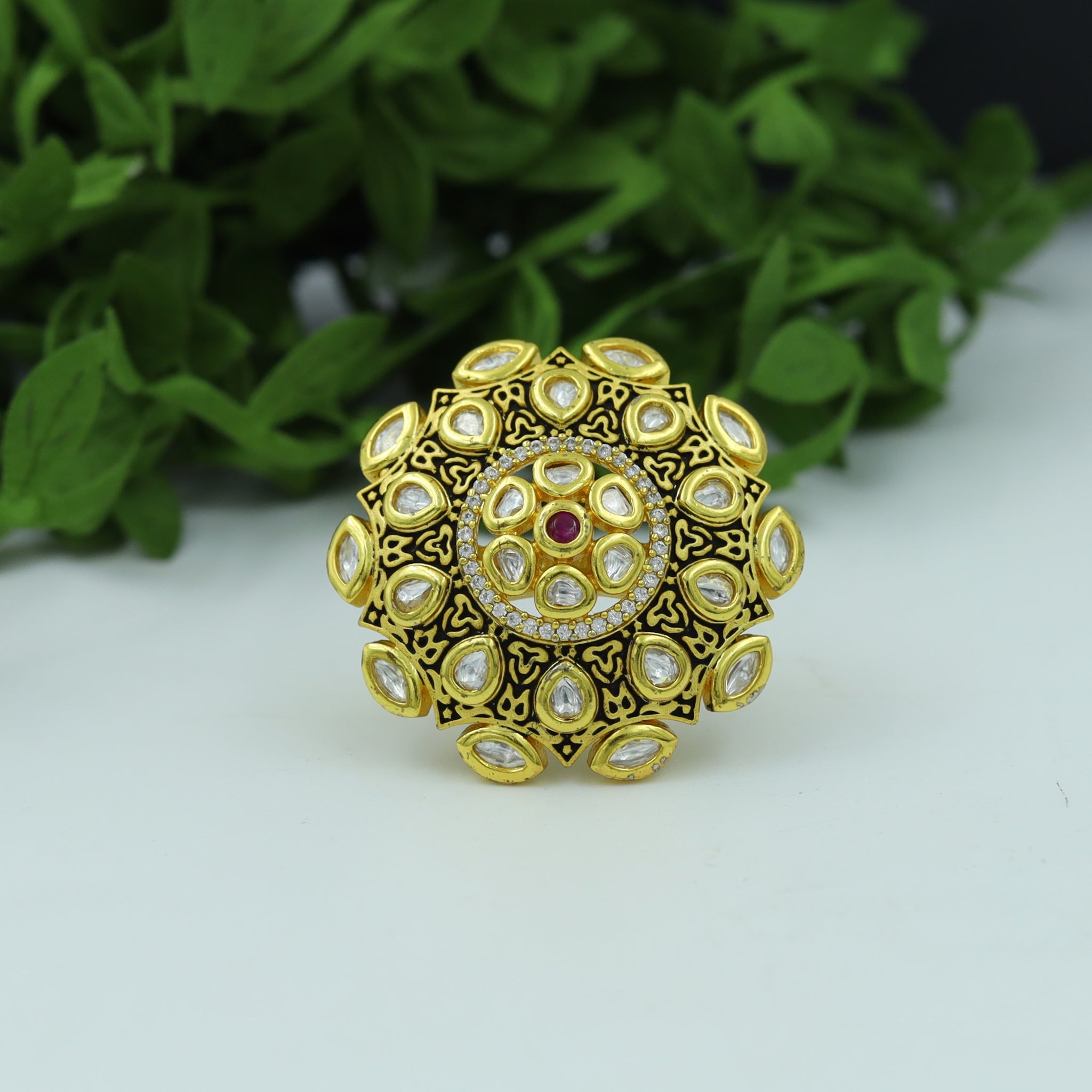 Kundan Cocktail Adjustable Black Ring 1160-5225