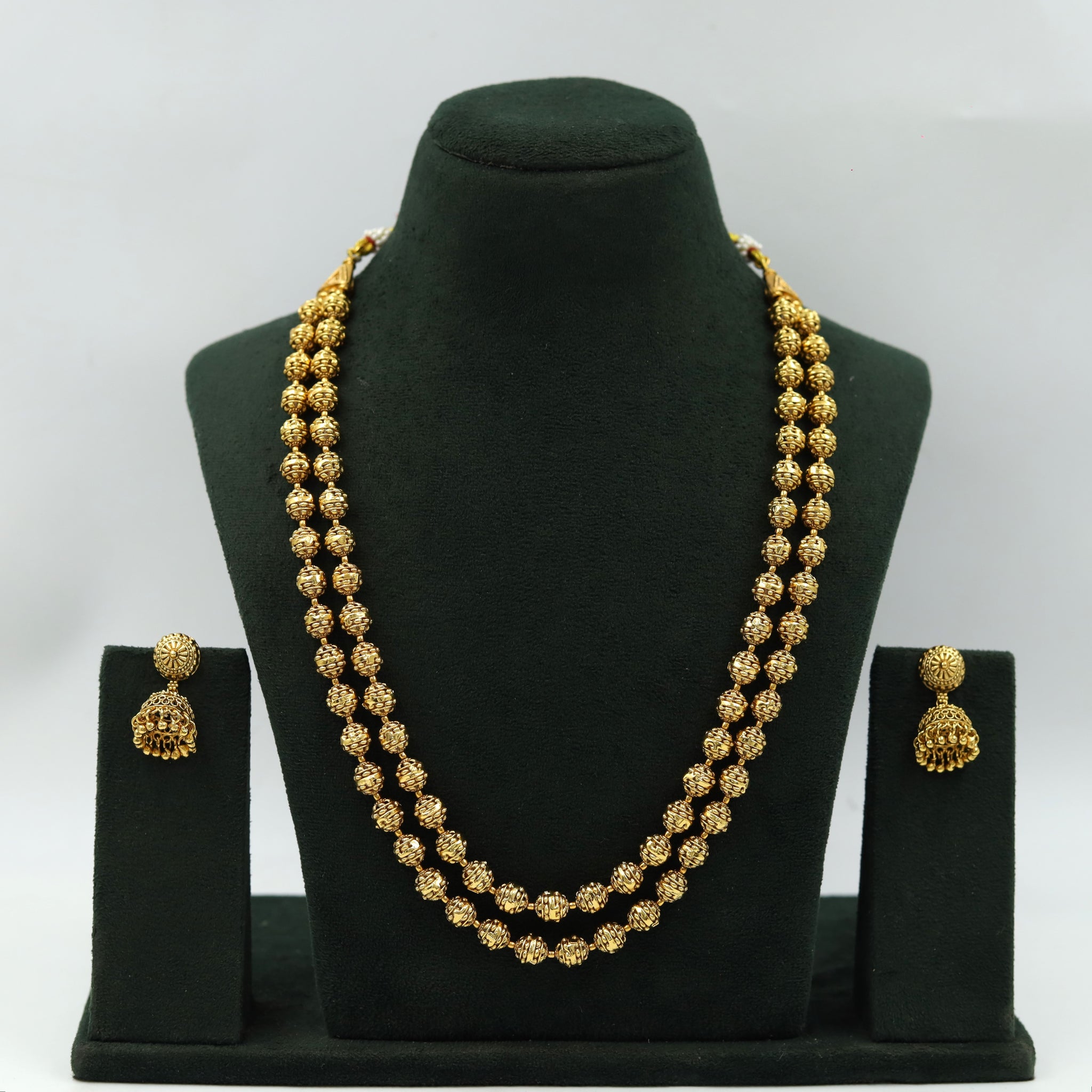 Antique Gold Double Line Beads Mala Necklace Set 15633-28