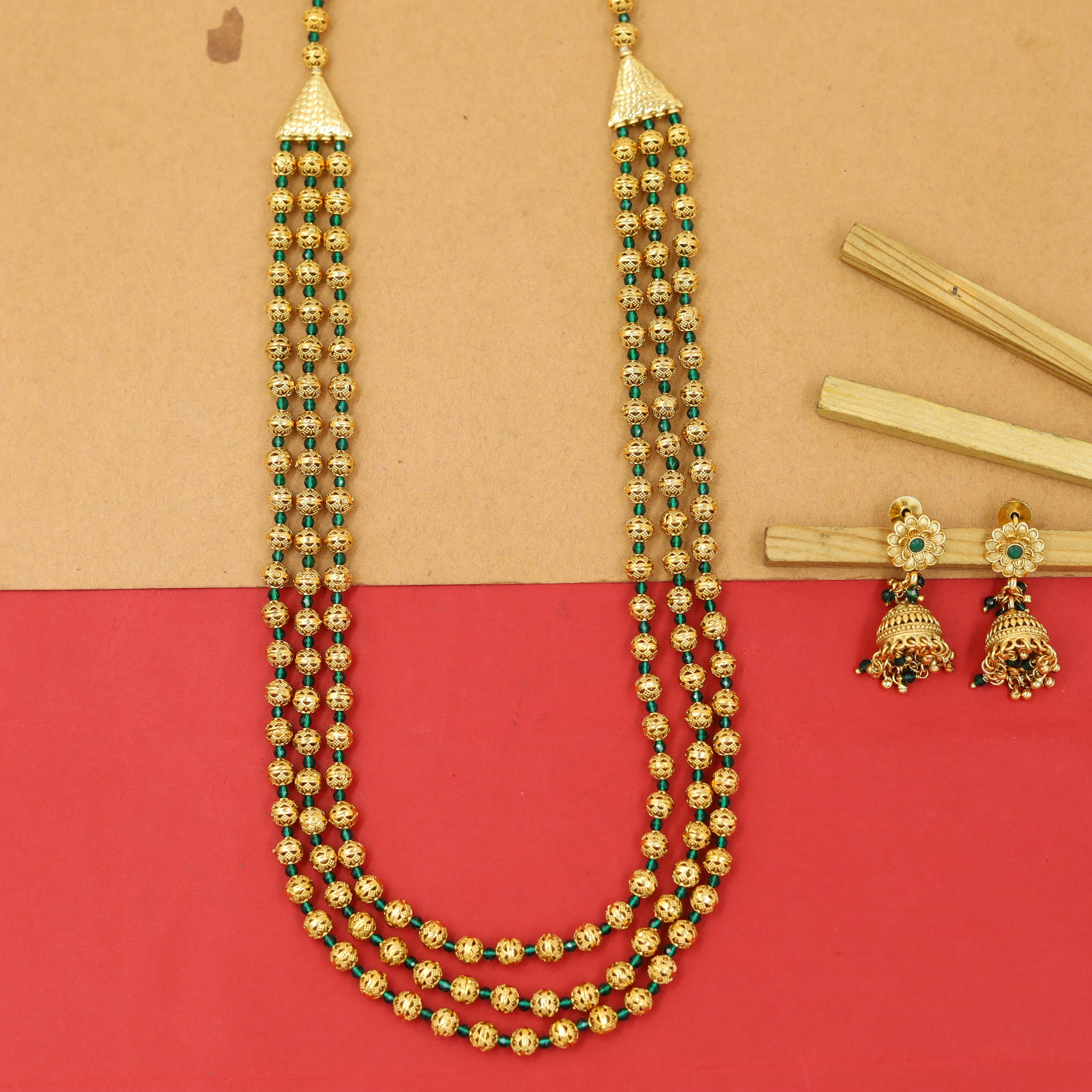 3 Line Gold Plated Beads Mala Set 16341-21