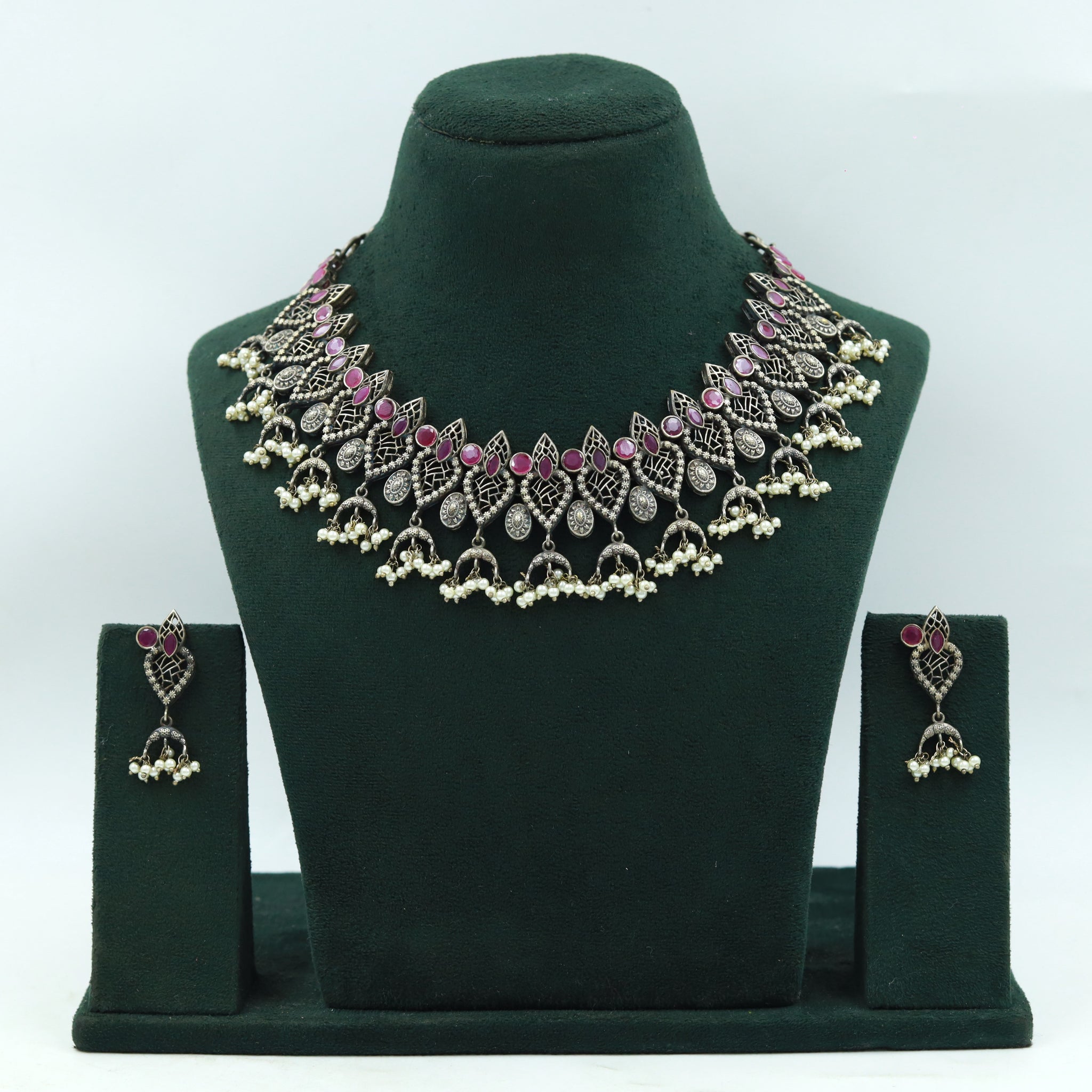Ruby Oxidized Round Necklace Set 14654-1775