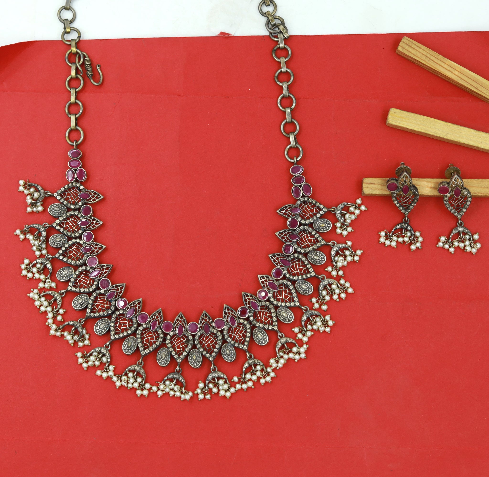 Ruby Oxidized Round Necklace Set 14654-1775