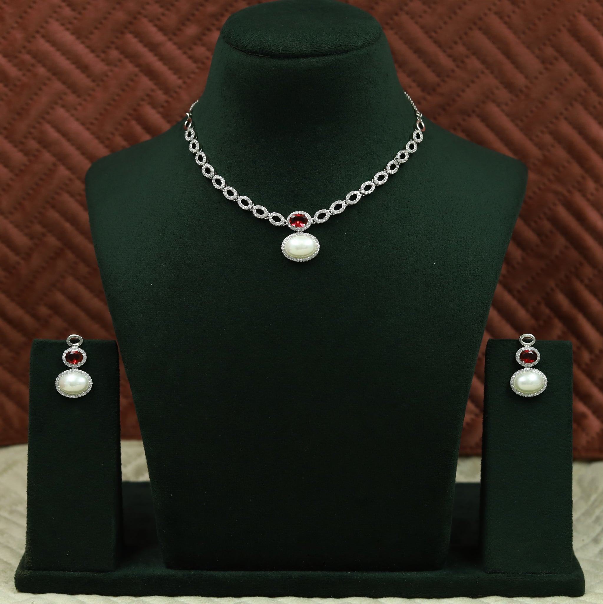 Round Neck Zircon/AD Necklace Set 12980-34
