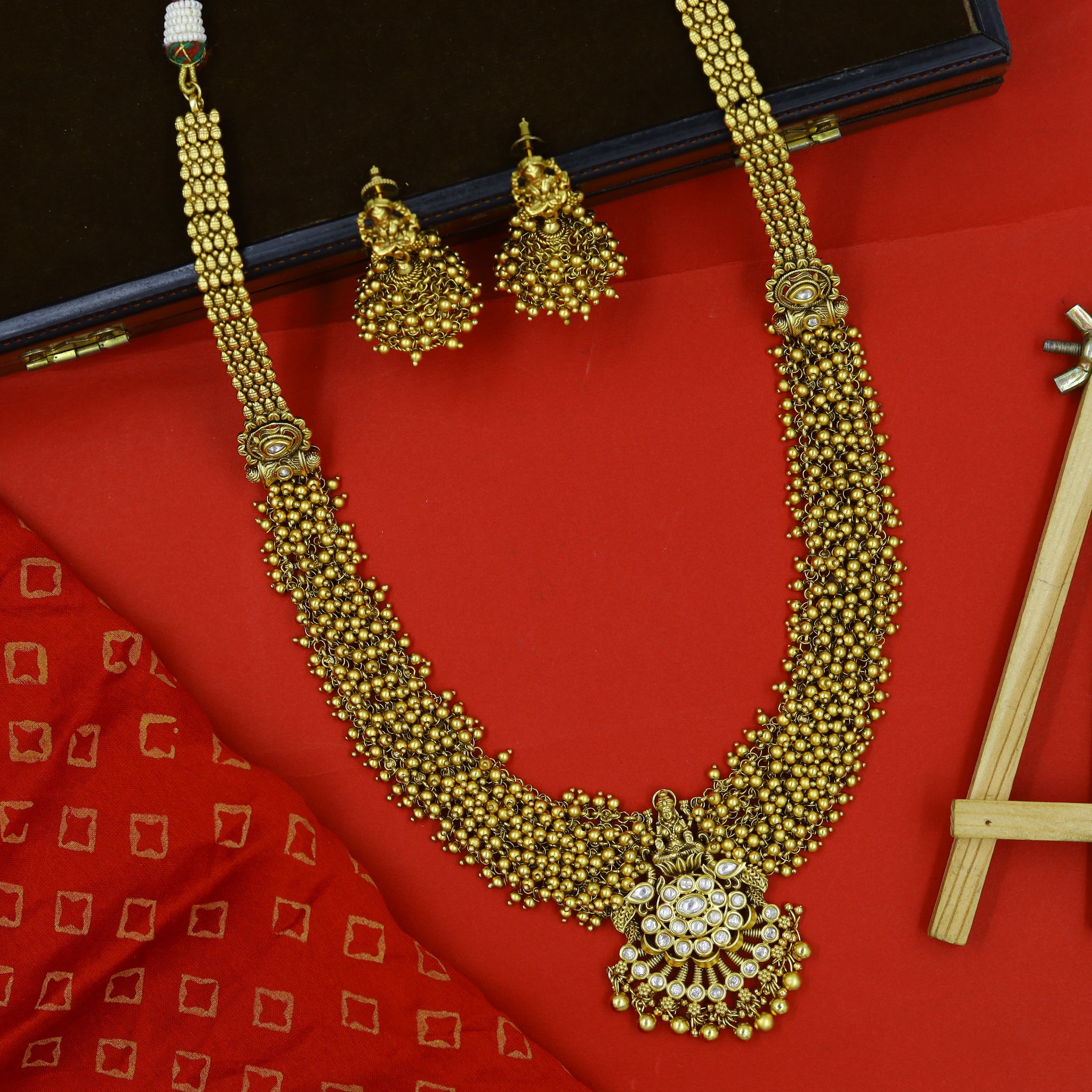 Antique Gold Plated Long Neck Temple Necklace Set 9978-28