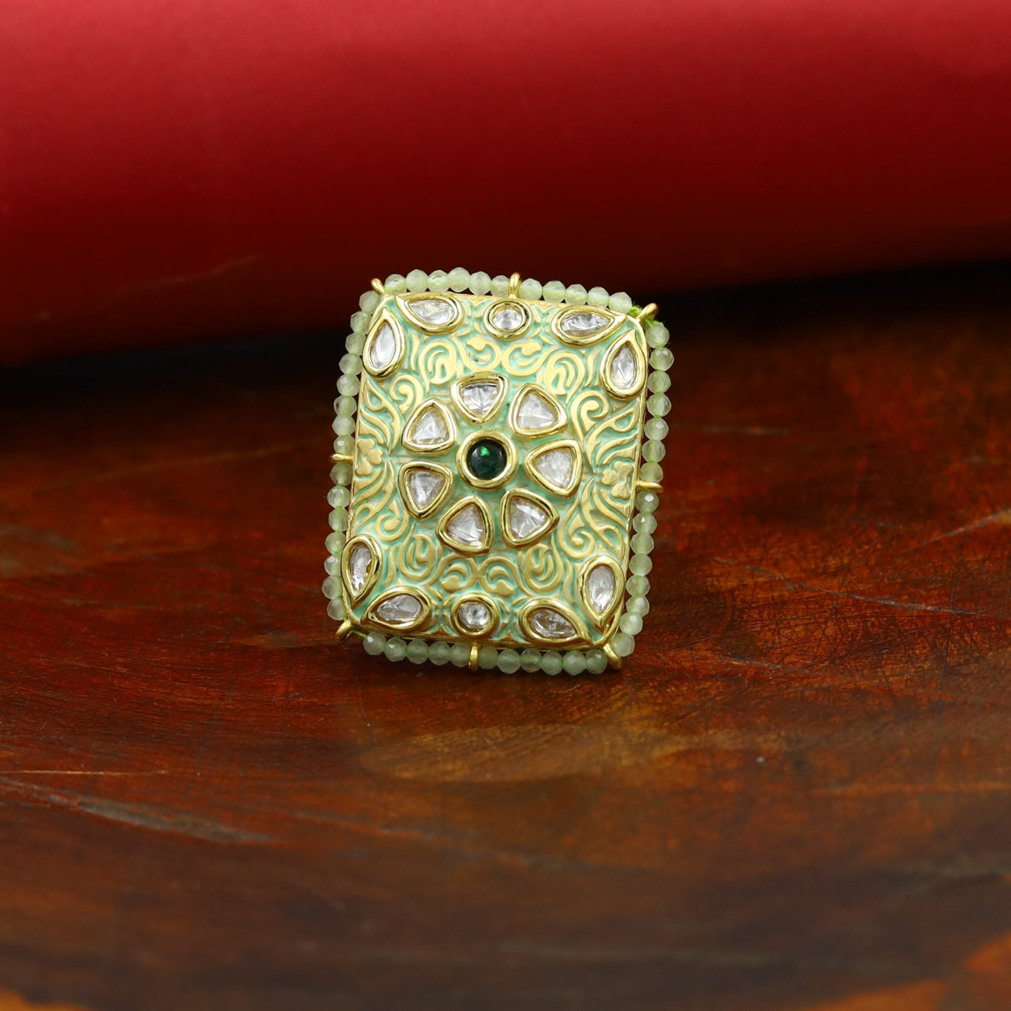 Kundan Meenakari Cocktail Adjustable Mint Green Ring 10784-6555