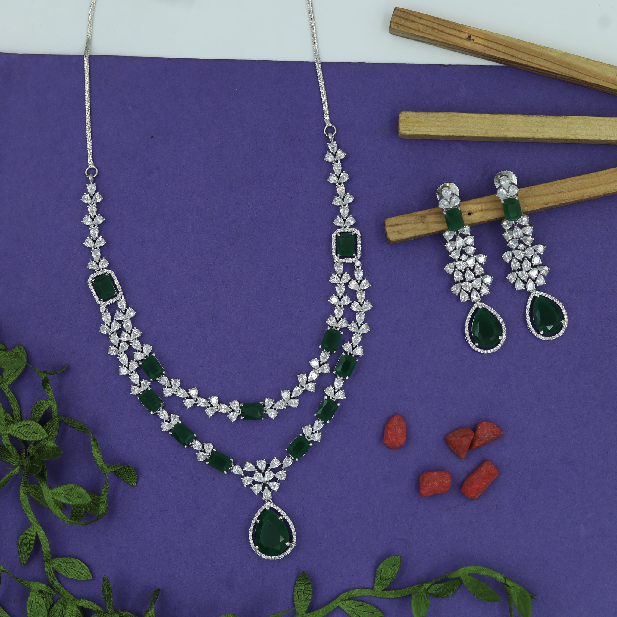 Round Neck Layered Zircon/AD Necklace Set 16565-69