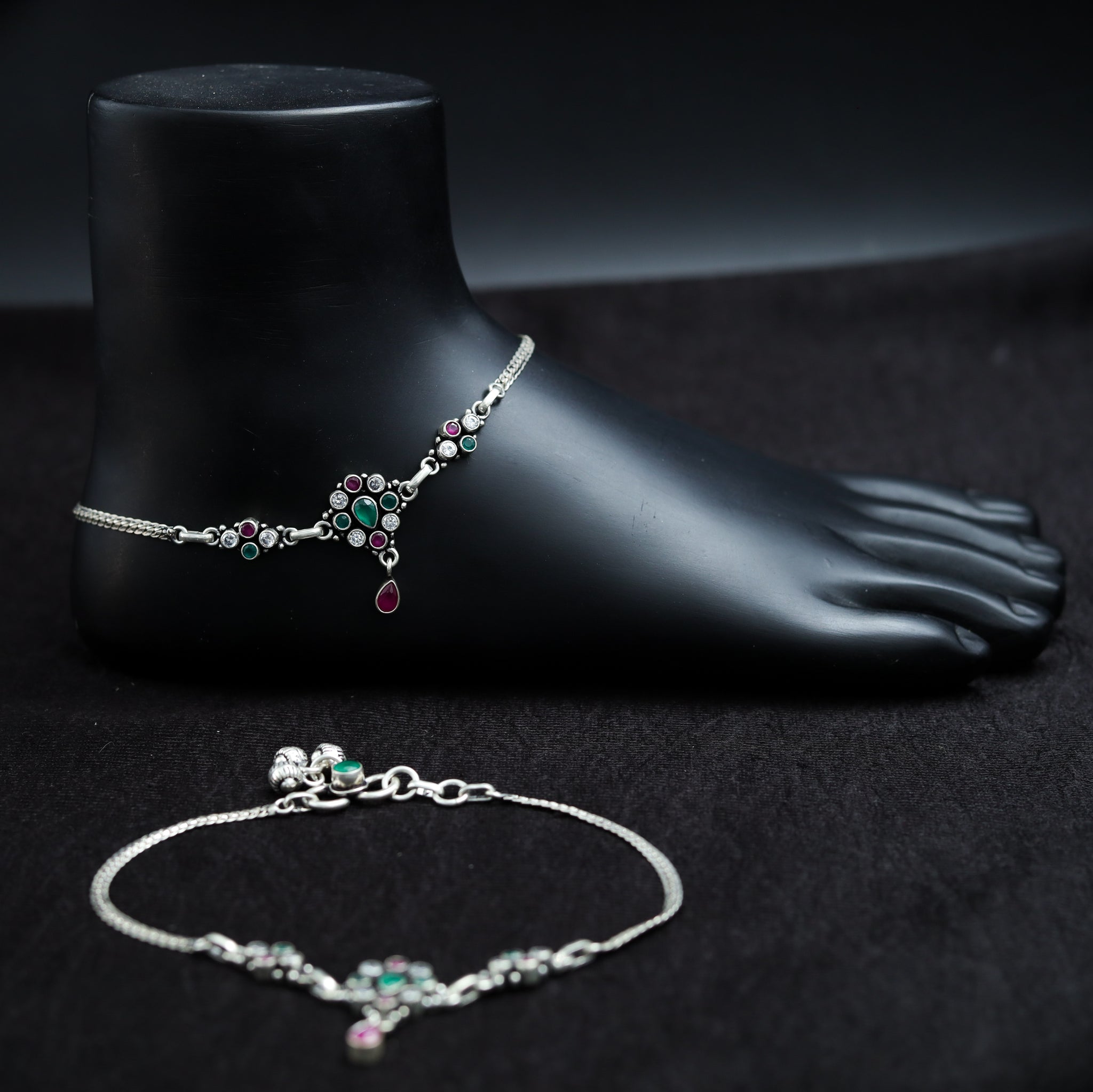 Ruby Green Silver Anklet 10193-5673