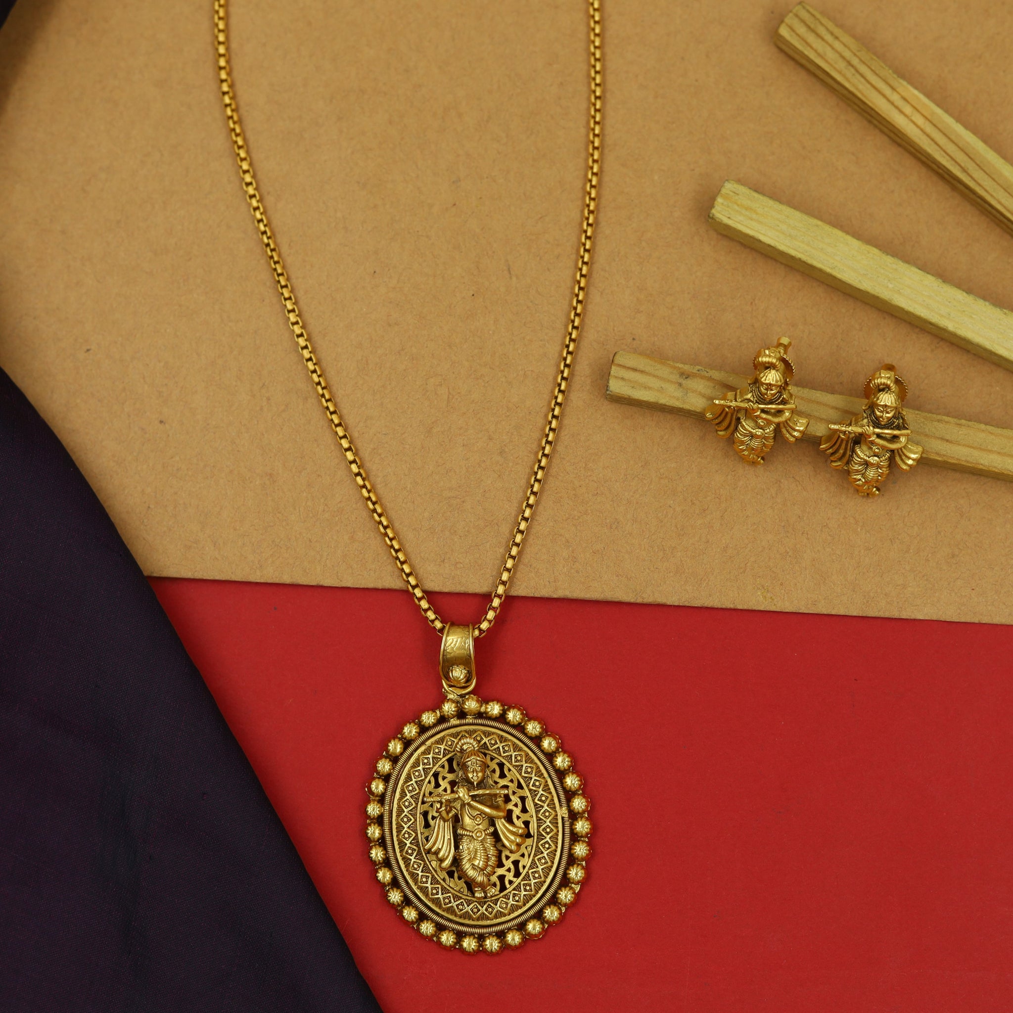 Antique Gold Plated Light Temple Pendant Set 10015-28