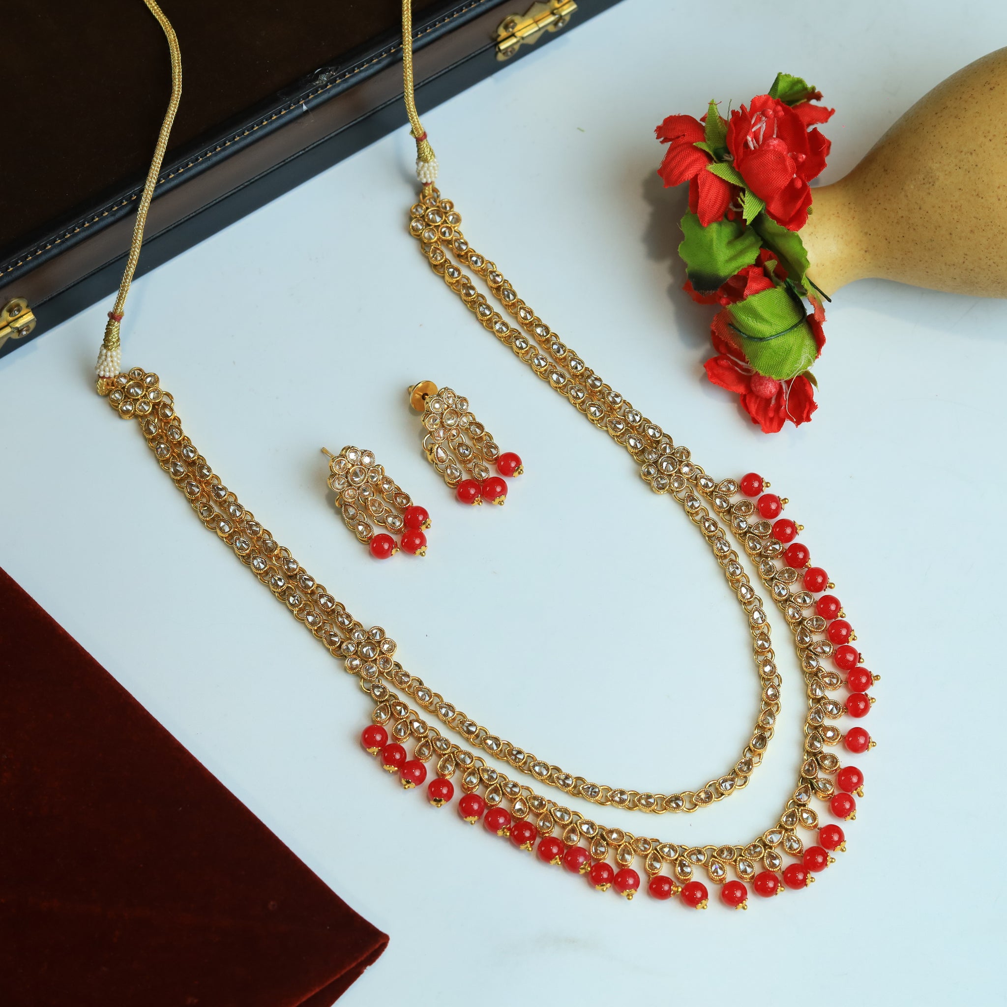Red Polki Stone Necklace Set 3756-36024