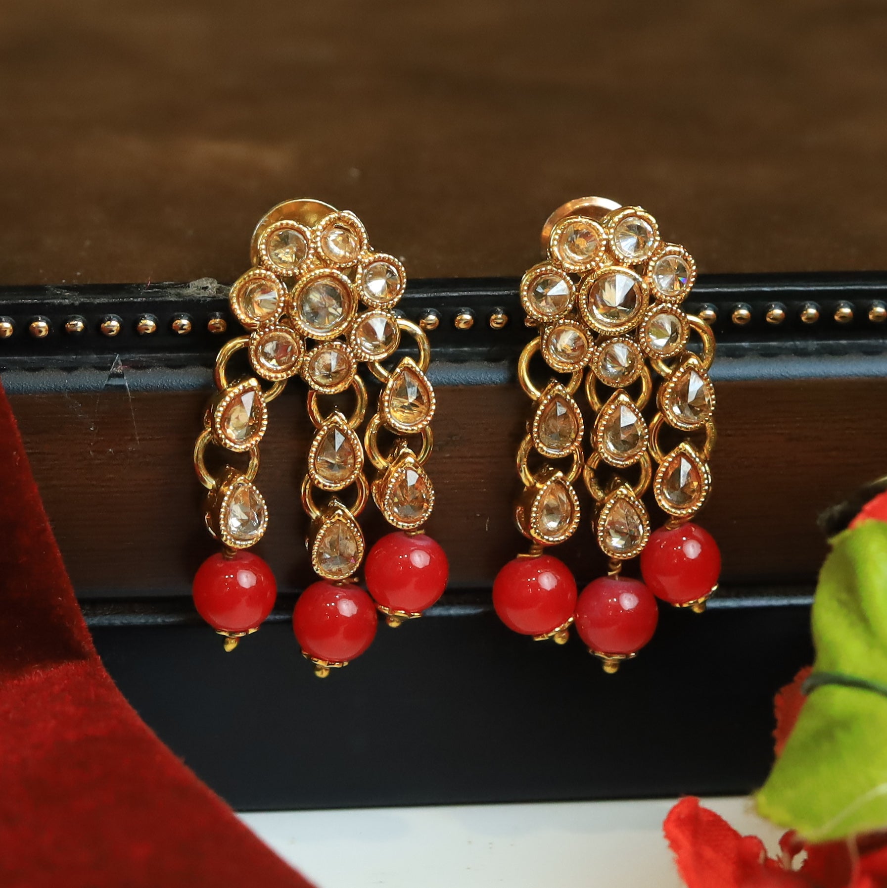 Red Polki Stone Necklace Set 3756-36024