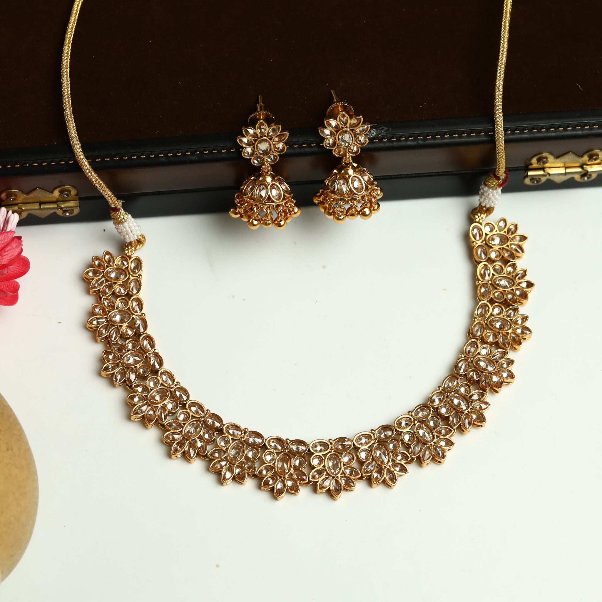 Champagne Stone Gold Plated Necklace Set 1589-5654