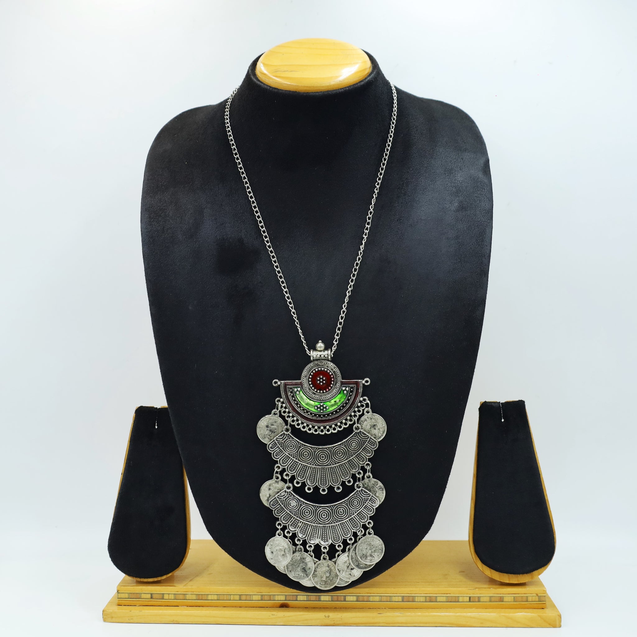 Red Green Oxidized Pendant Set 10649-6334