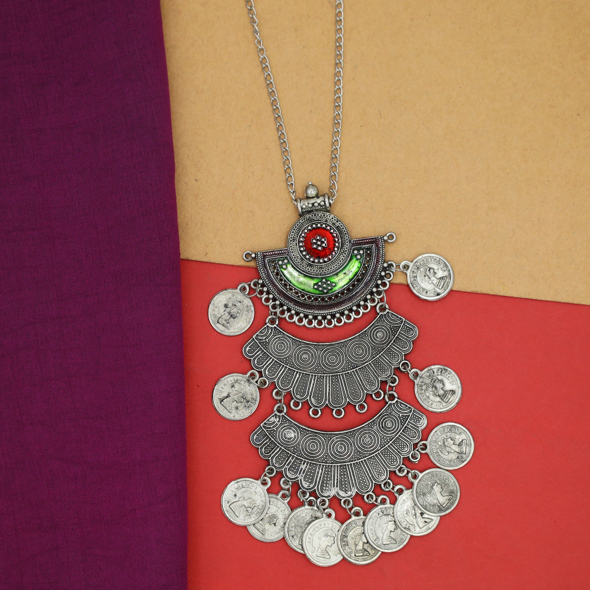 Red Green Oxidized Pendant Set 10649-6334
