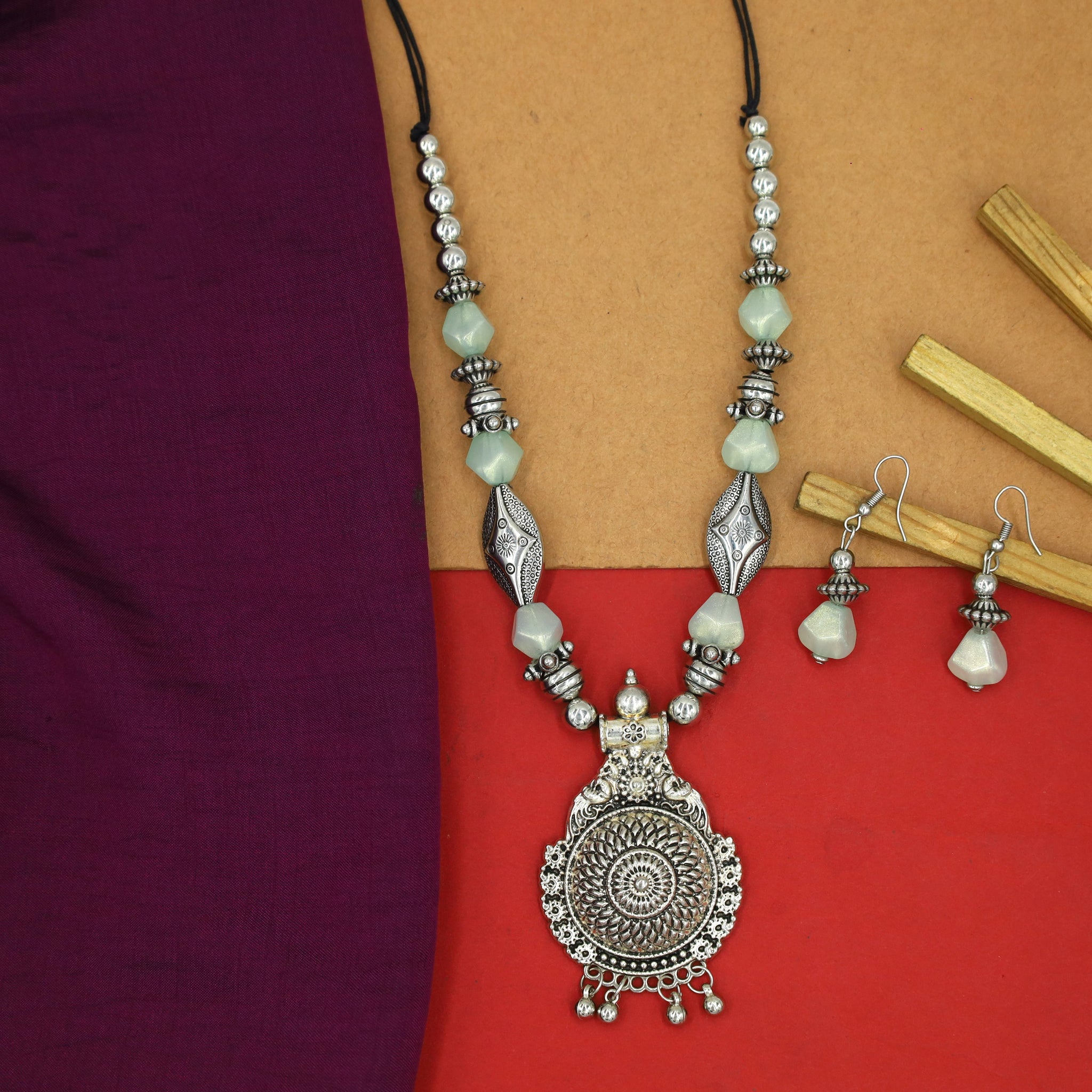 Mint Green Oxidized Pendant Set 19403-6385