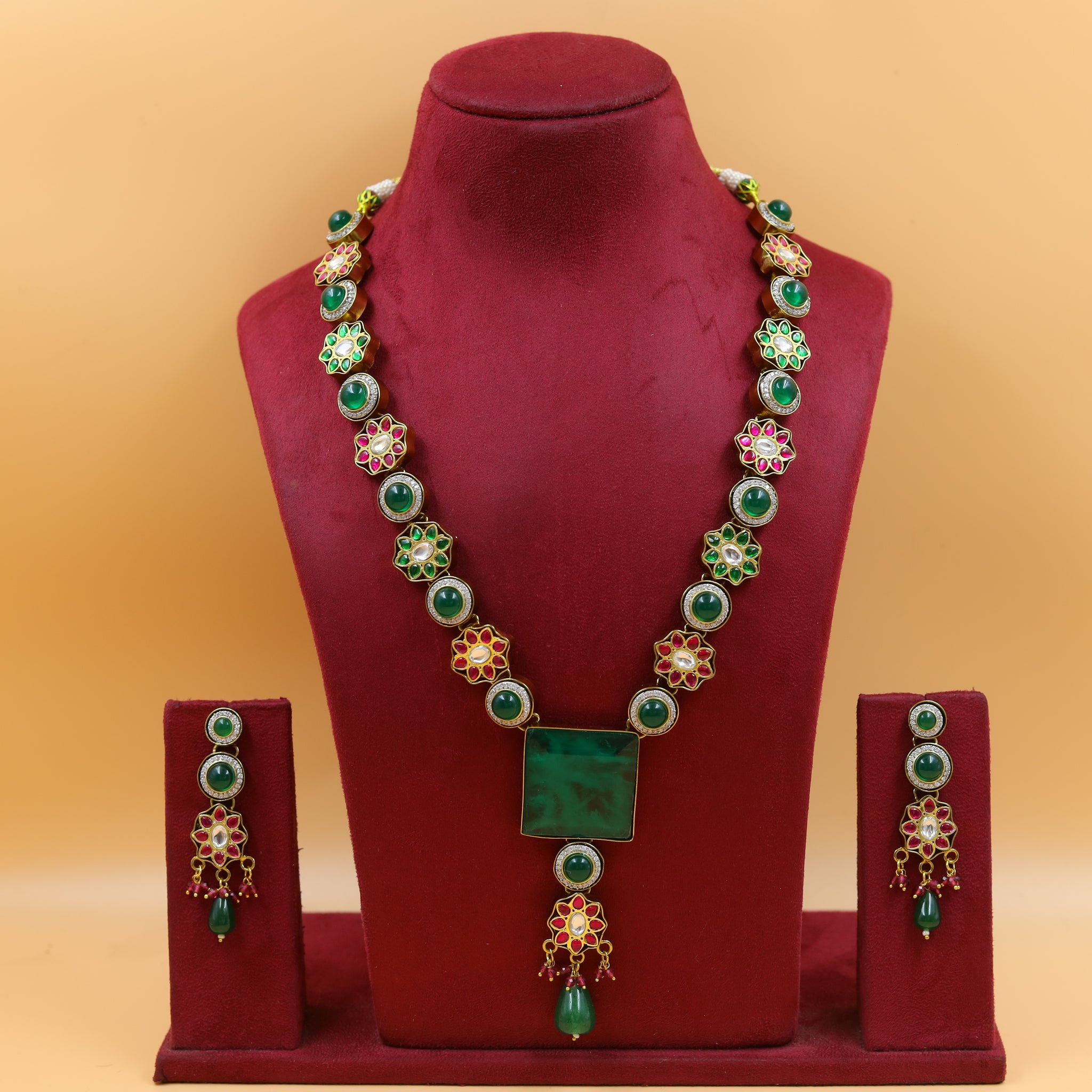 Sabyasachi Inspired Long Neck Kundan Necklace Set 18951-42