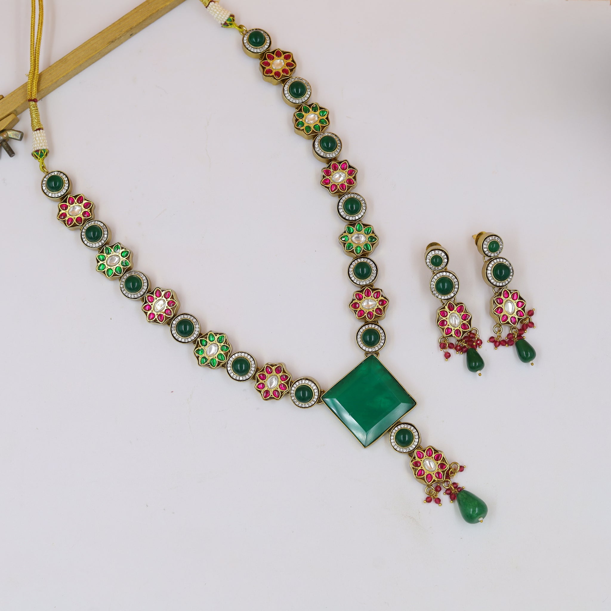 Sabyasachi Inspired Long Neck Kundan Necklace Set 18951-42