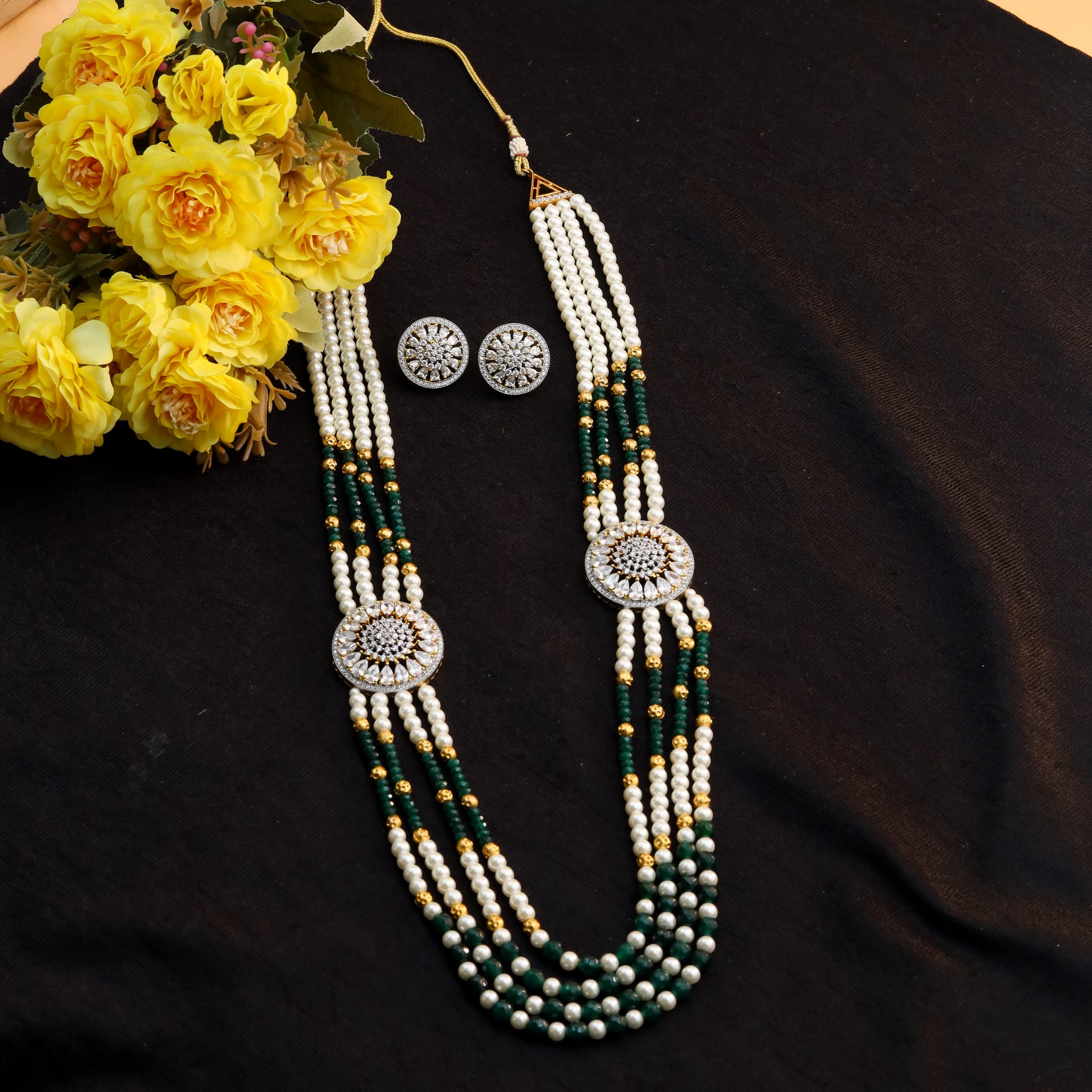 Green White Pearl Necklace Set 2543-6608