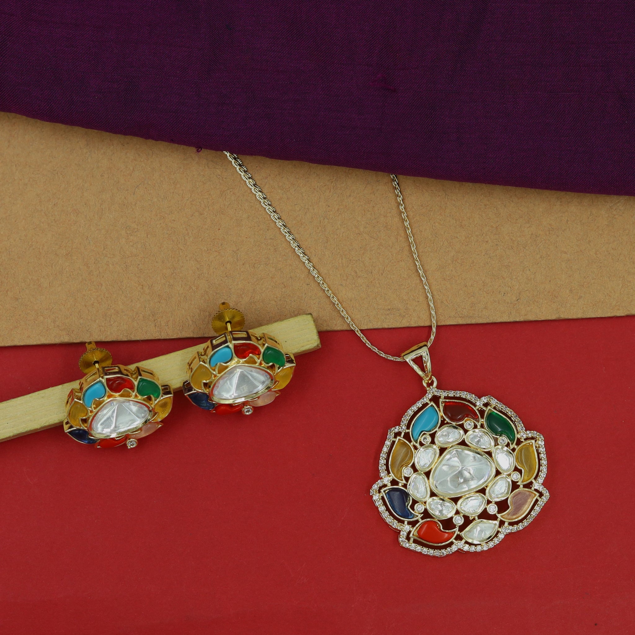 Sabyasachi Inspired Kundan Polki Pendant Set Multi Color 14975-89
